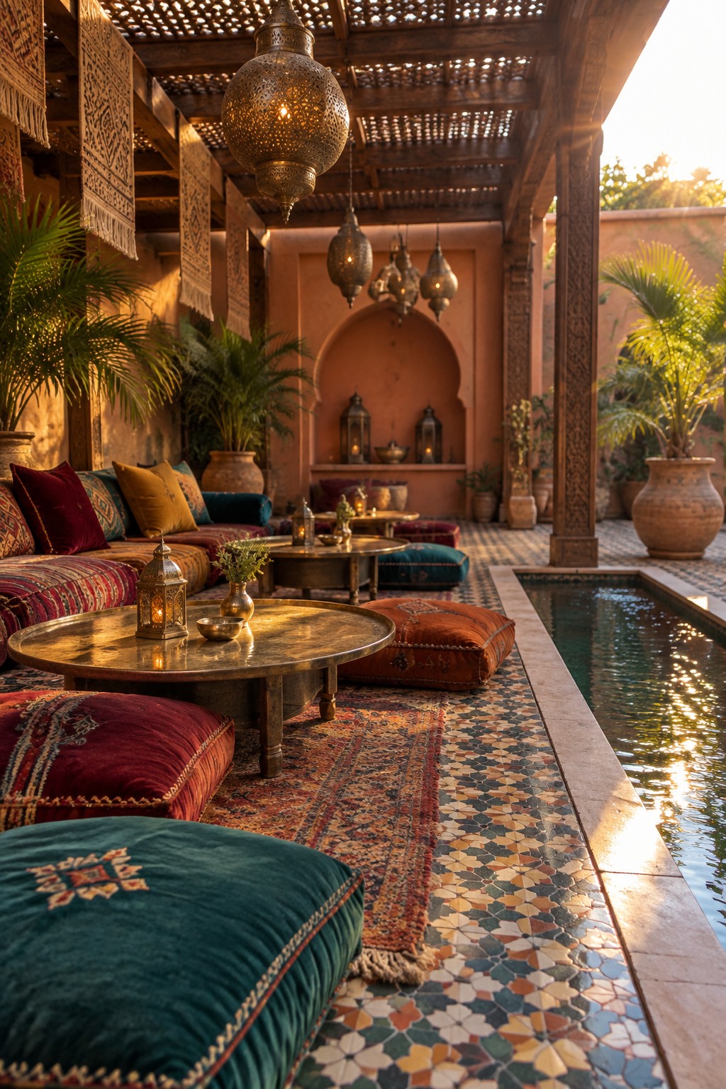A courtyard under a wooden pergola with hanging metal lanterns, low seating with red and teal cushions, a narrow pool, and colorful patterned tile flooring.