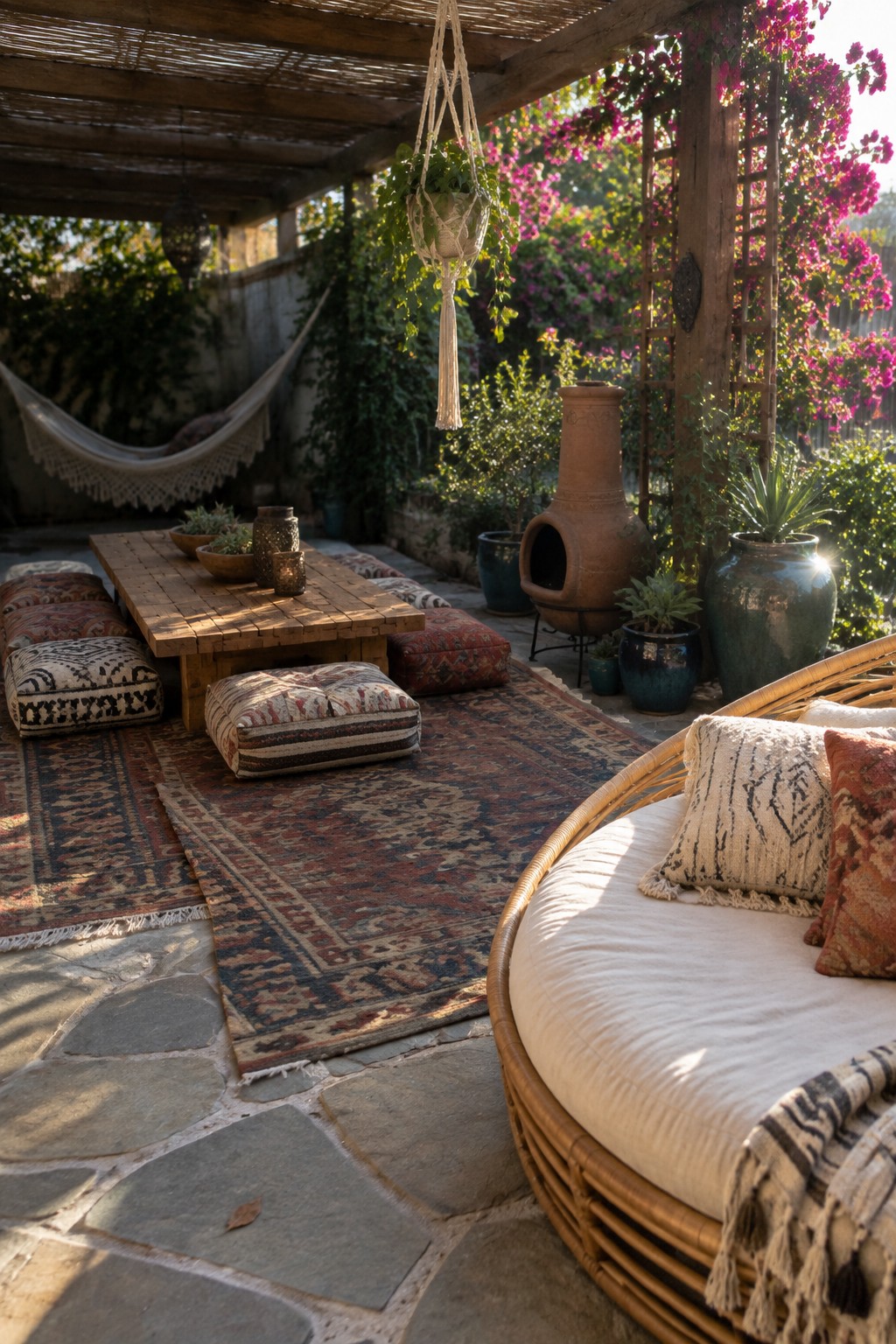 Sunlit bohemian patio with low wooden table, layered rugs, floor cushions, and wicker daybed