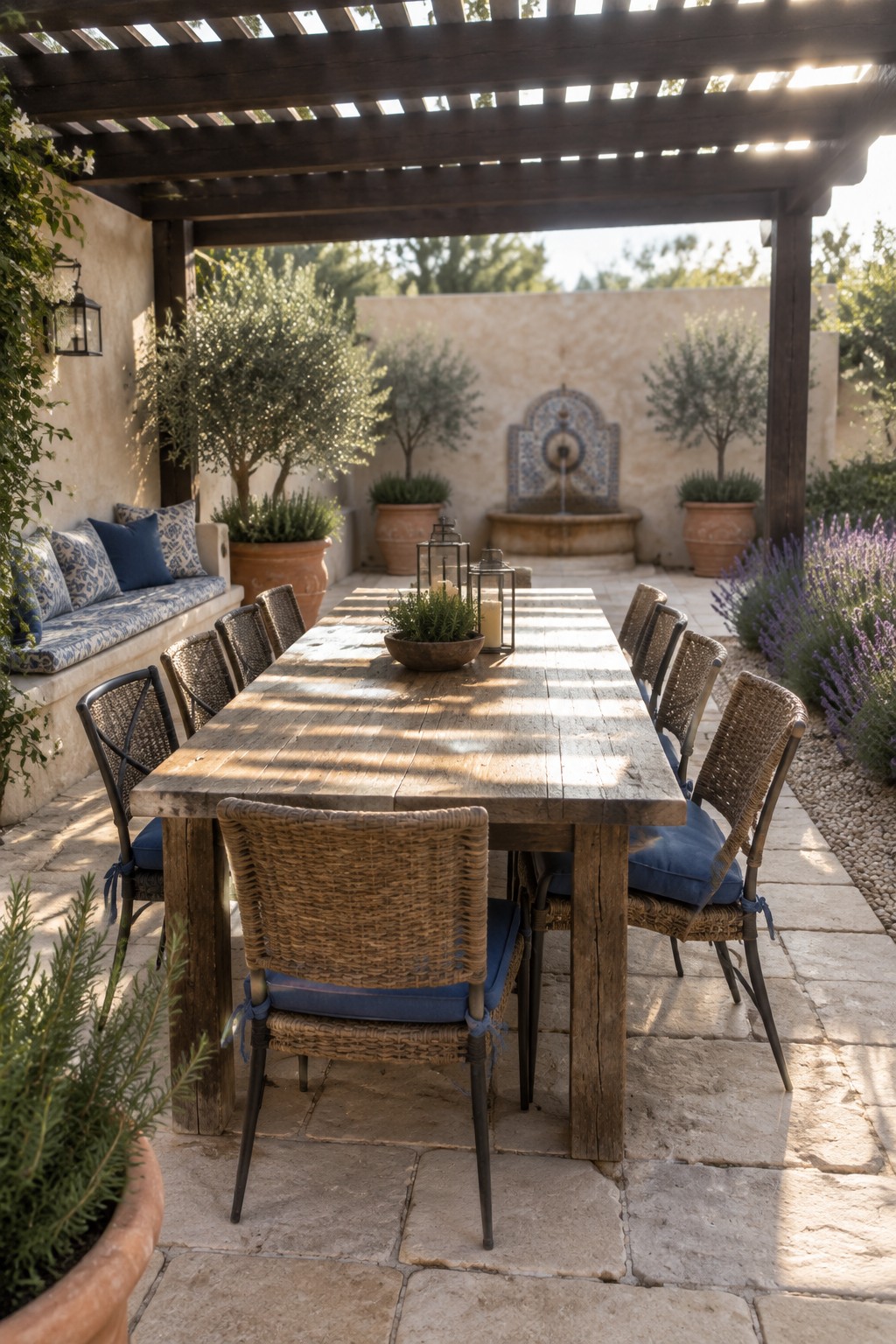 A long wooden dining table with woven chairs arranged under a dark wooden pergola on a stone patio, with potted trees and a tiled fountain visible in the background.