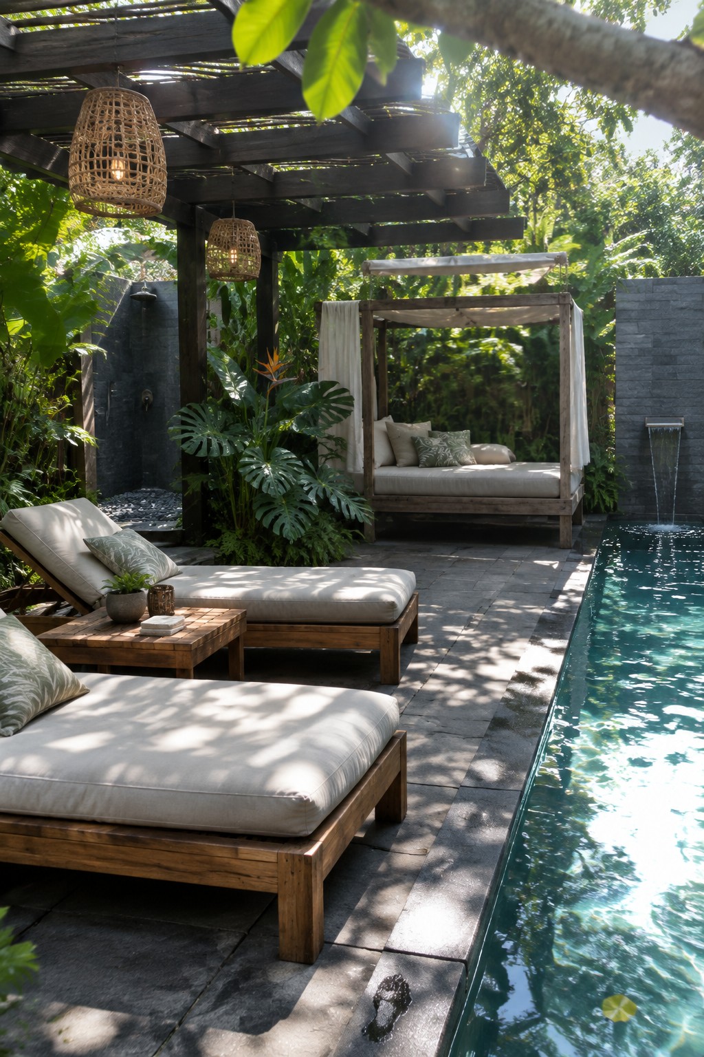 A wooden pergola shades lounge chairs and a canopy daybed next to a swimming pool in a tropical garden courtyard.
