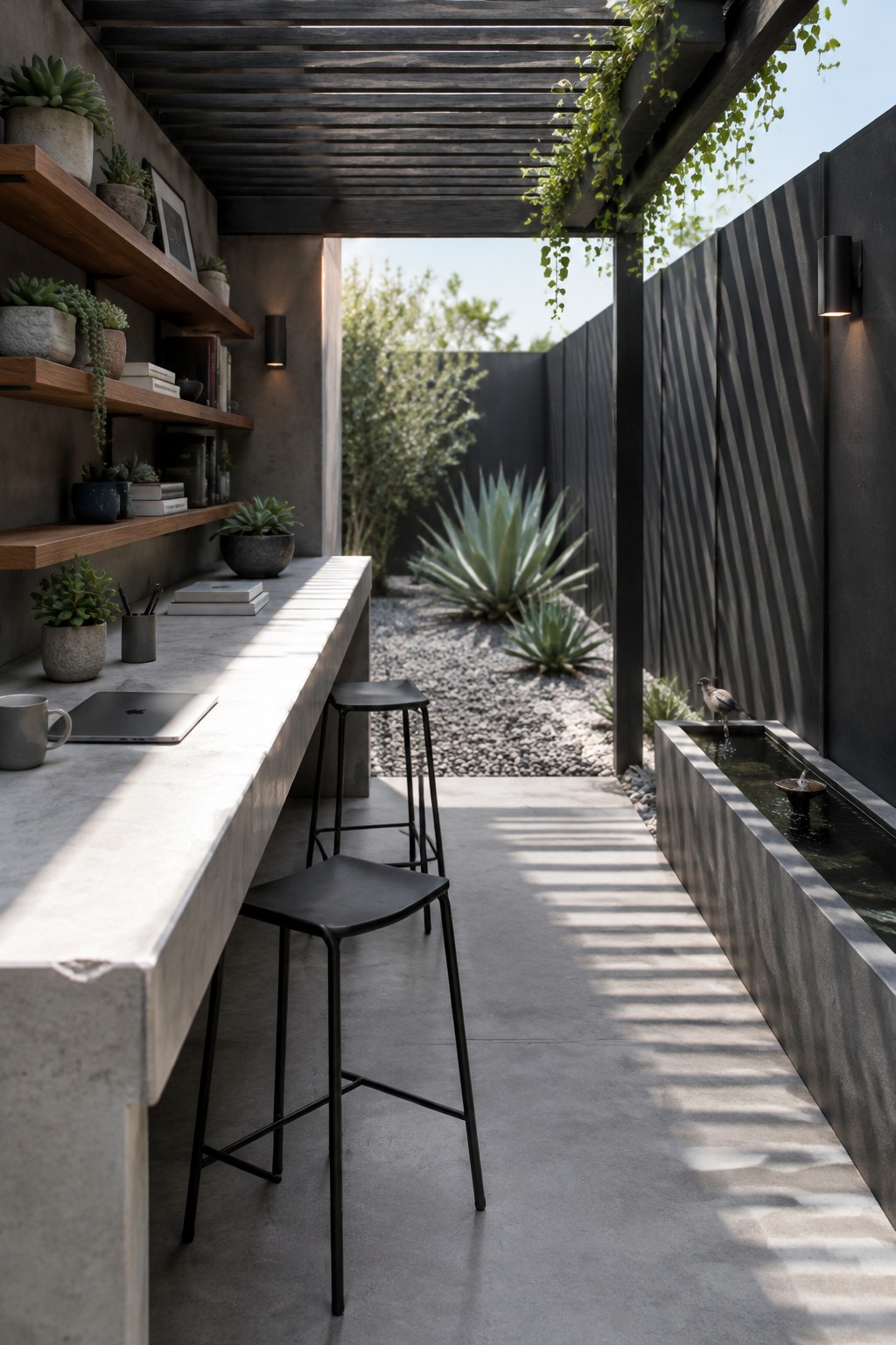 A narrow courtyard with a long concrete counter, two black stools, wooden pergola overhead, and a concrete water feature along the right wall.
