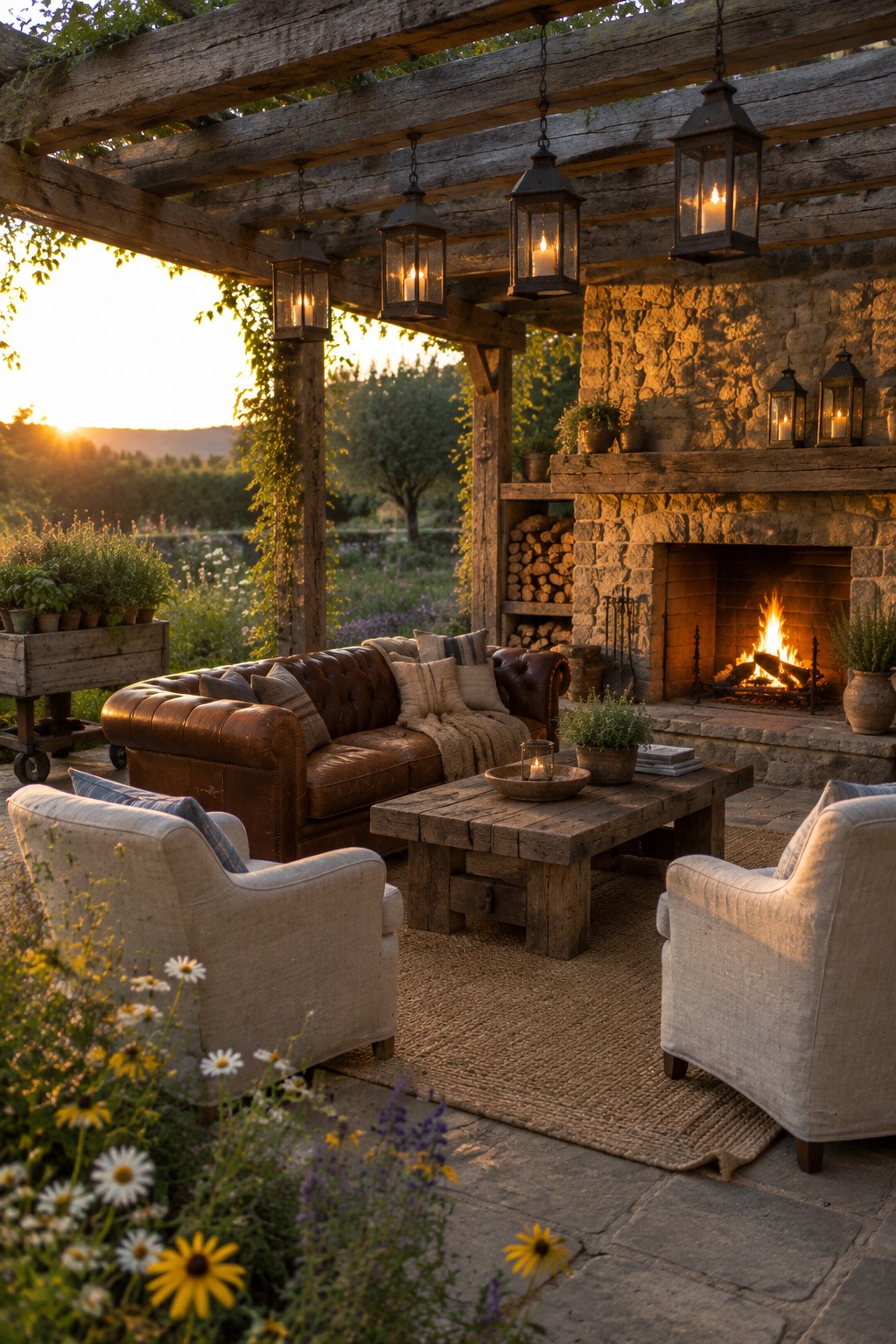 Rustic pergola patio with leather sofa, armchairs, stone fireplace, and hanging lanterns at sunset
