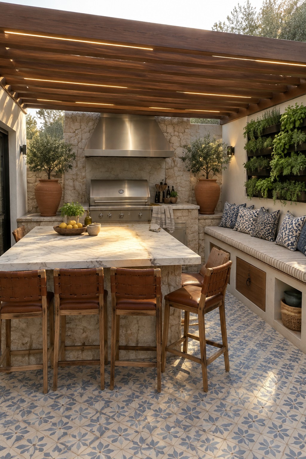 An outdoor kitchen with a marble island, four leather bar stools, a stainless steel grill under a range hood, and a wooden pergola with integrated lighting, next to a stone wall with built-in bench seating.