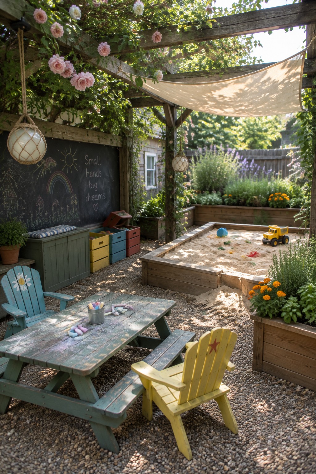 Wooden pergola covering a gravel courtyard with a built-in sandbox, picnic table, children's chairs, and colorful storage crates.