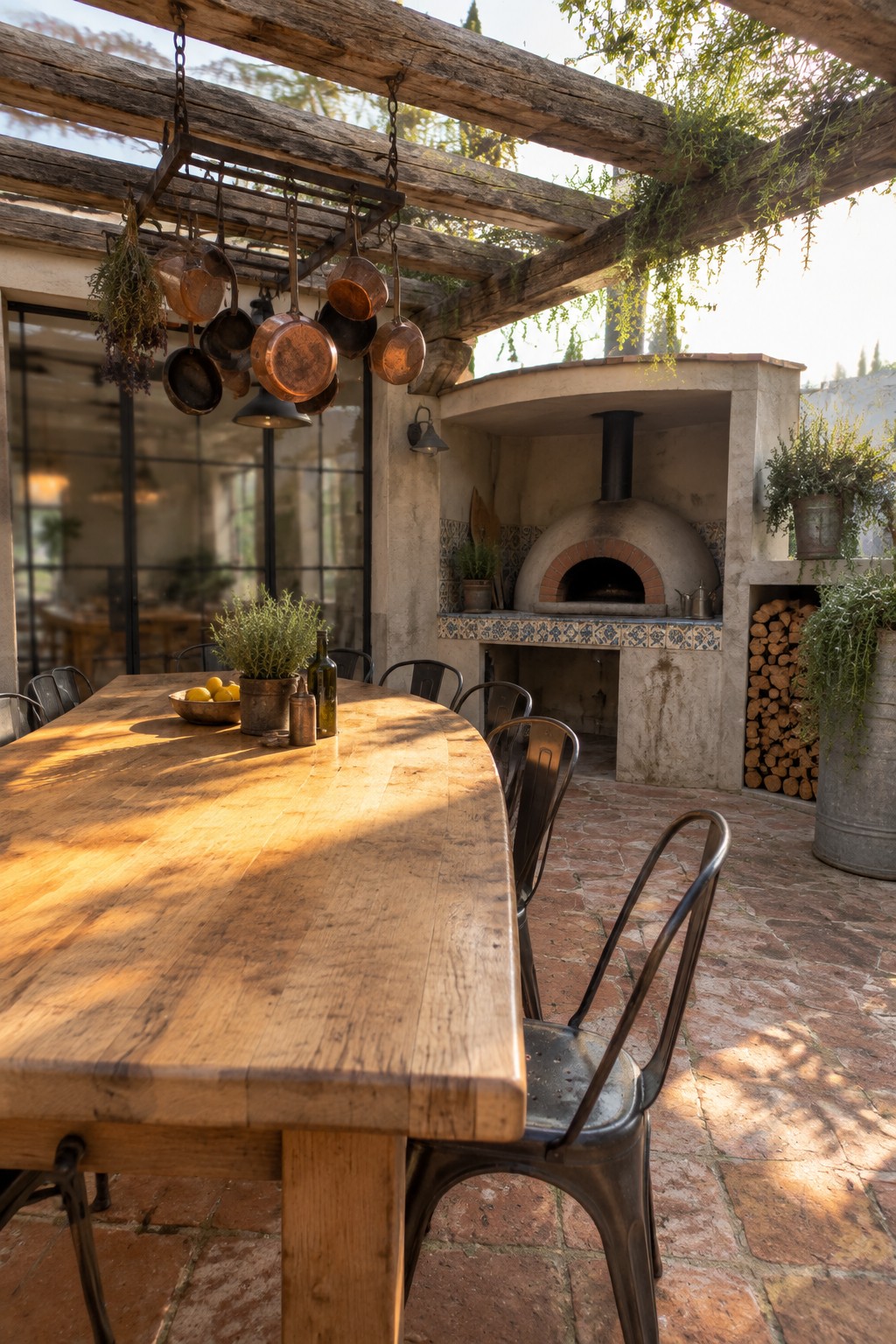 A wooden pergola shades a long rustic dining table with black metal chairs on a brick courtyard, with hanging copper pots and a stone pizza oven visible nearby.