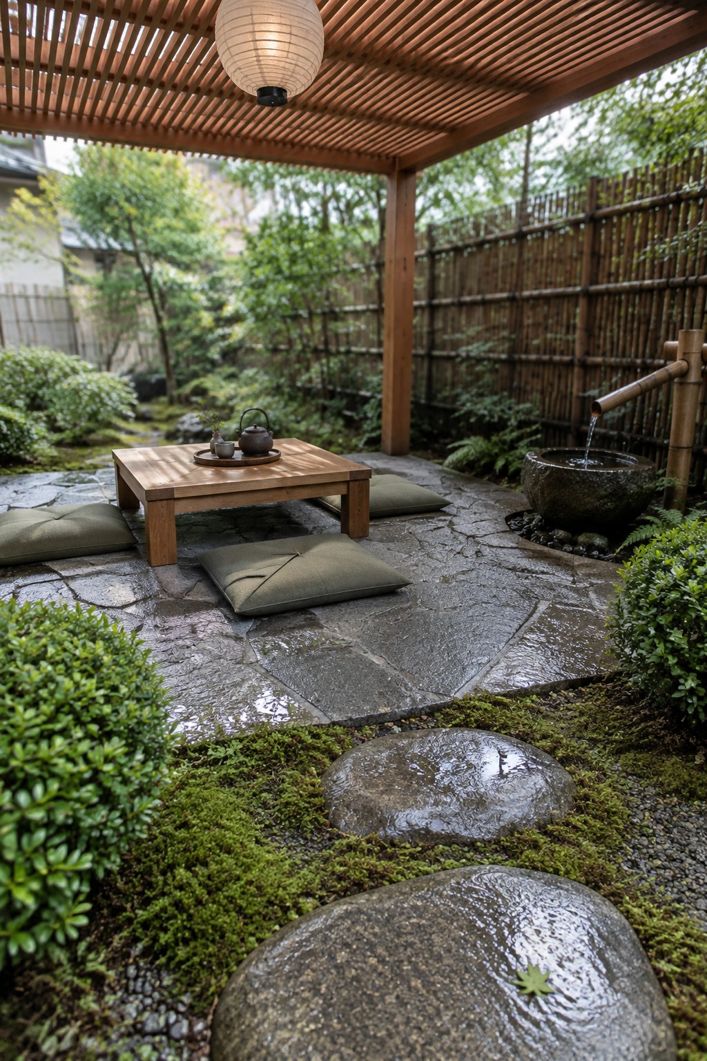 A wooden pergola covers a wet stone patio with green cushions around a low table, a bamboo water spout filling a stone basin, and mossy garden edges.