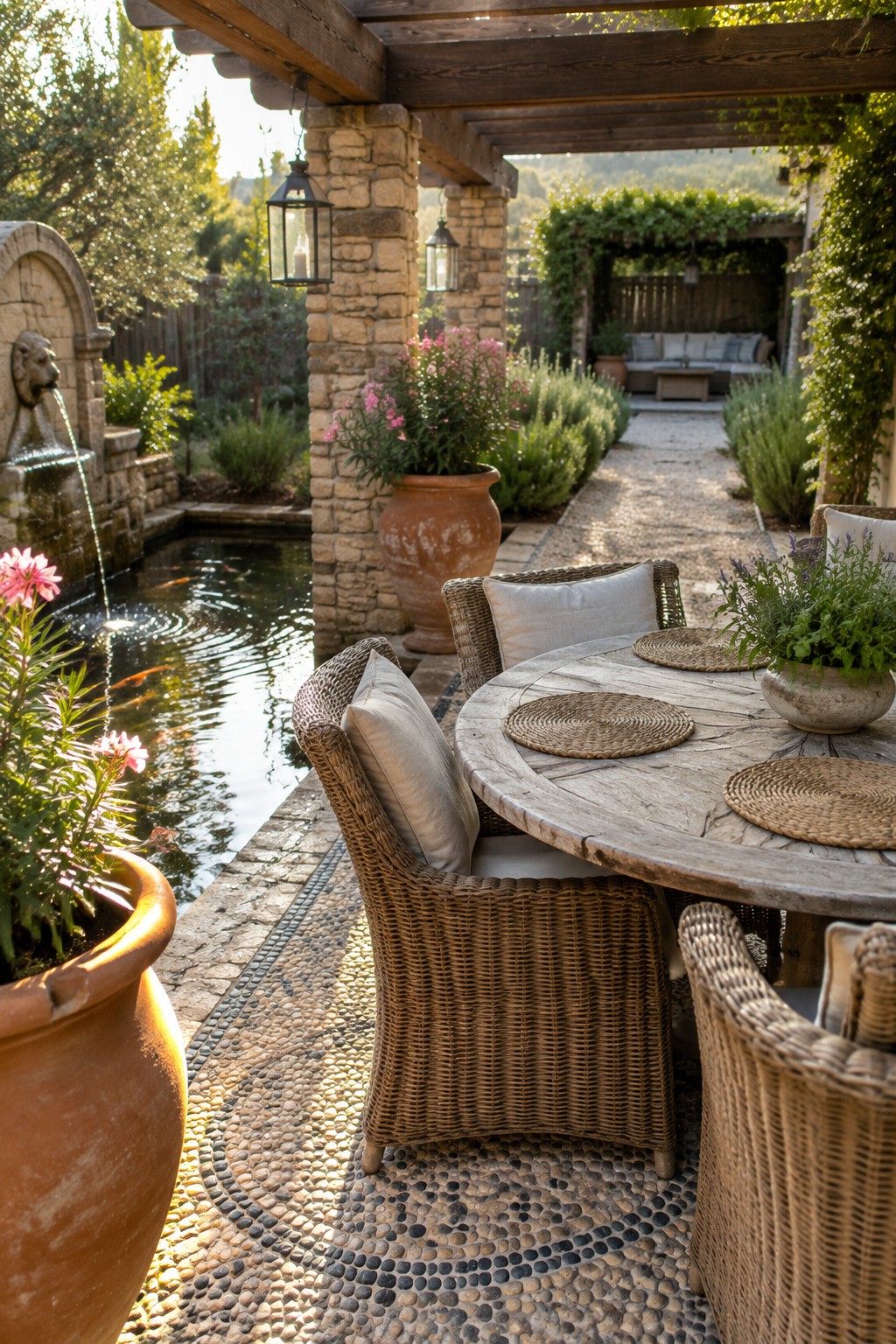 A rustic wooden pergola with thick timber beams supported by stone pillars covers a round table and woven chairs on a pebble patio next to a garden pond.