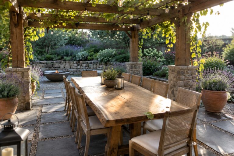 A long wooden dining table under a rustic pergola with thick timber beams resting on stone pillars, set on a stone patio with surrounding garden plants and a fire pit in the background.