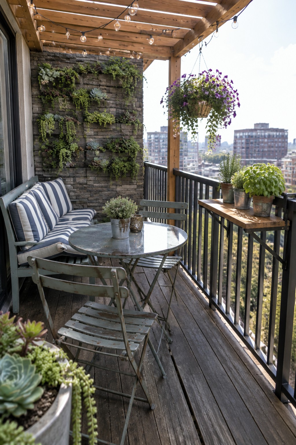 Cozy balcony with striped bench, metal table, vertical succulents, hanging flowers, city view.