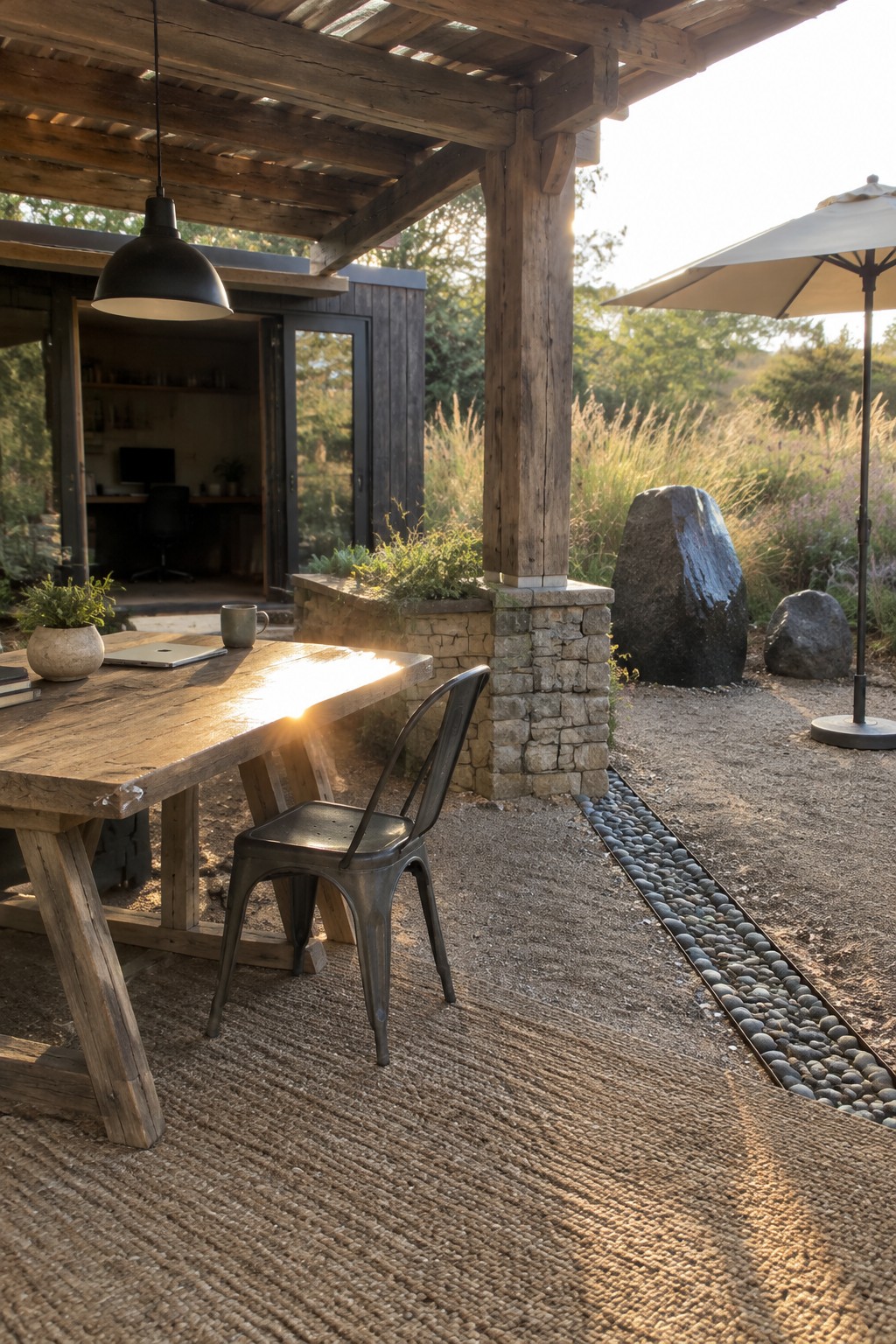Rustic wooden table with laptop on sunny patio beside metal chair on woven rug