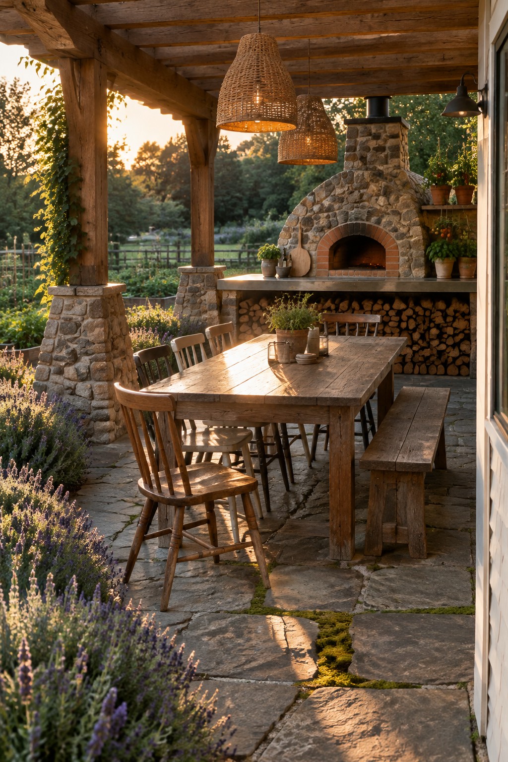 A wooden pergola with stone pillars covers a rustic dining table on a stone patio beside a large stone pizza oven, with potted plants and garden views in the background.