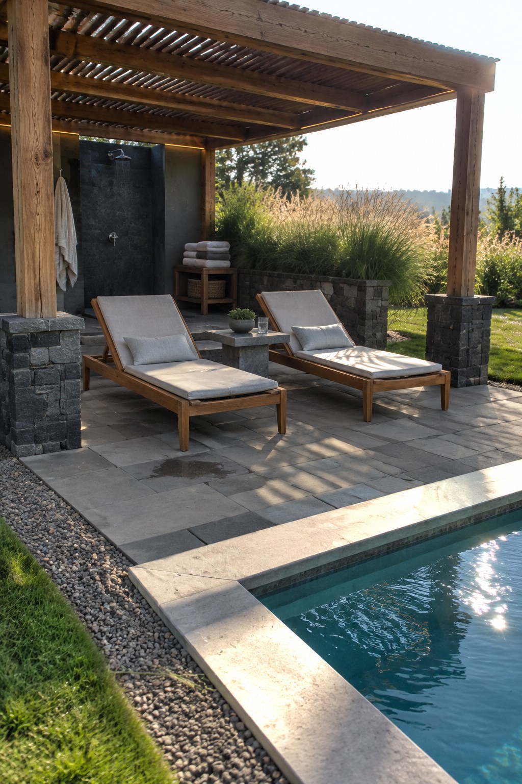 A wooden pergola with stone pillars shades two lounge chairs beside a swimming pool, with an outdoor shower area in the background.