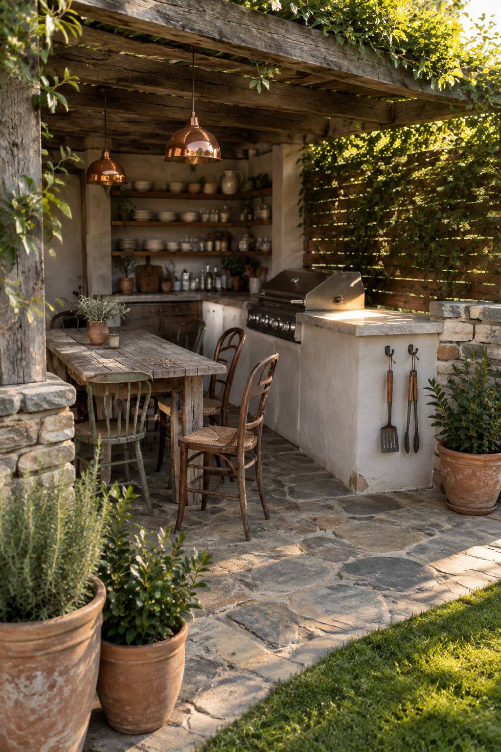 An outdoor kitchen and dining area under a wooden pergola with stone pillars, showing a grill, long rustic table with chairs, and potted plants on a stone patio.