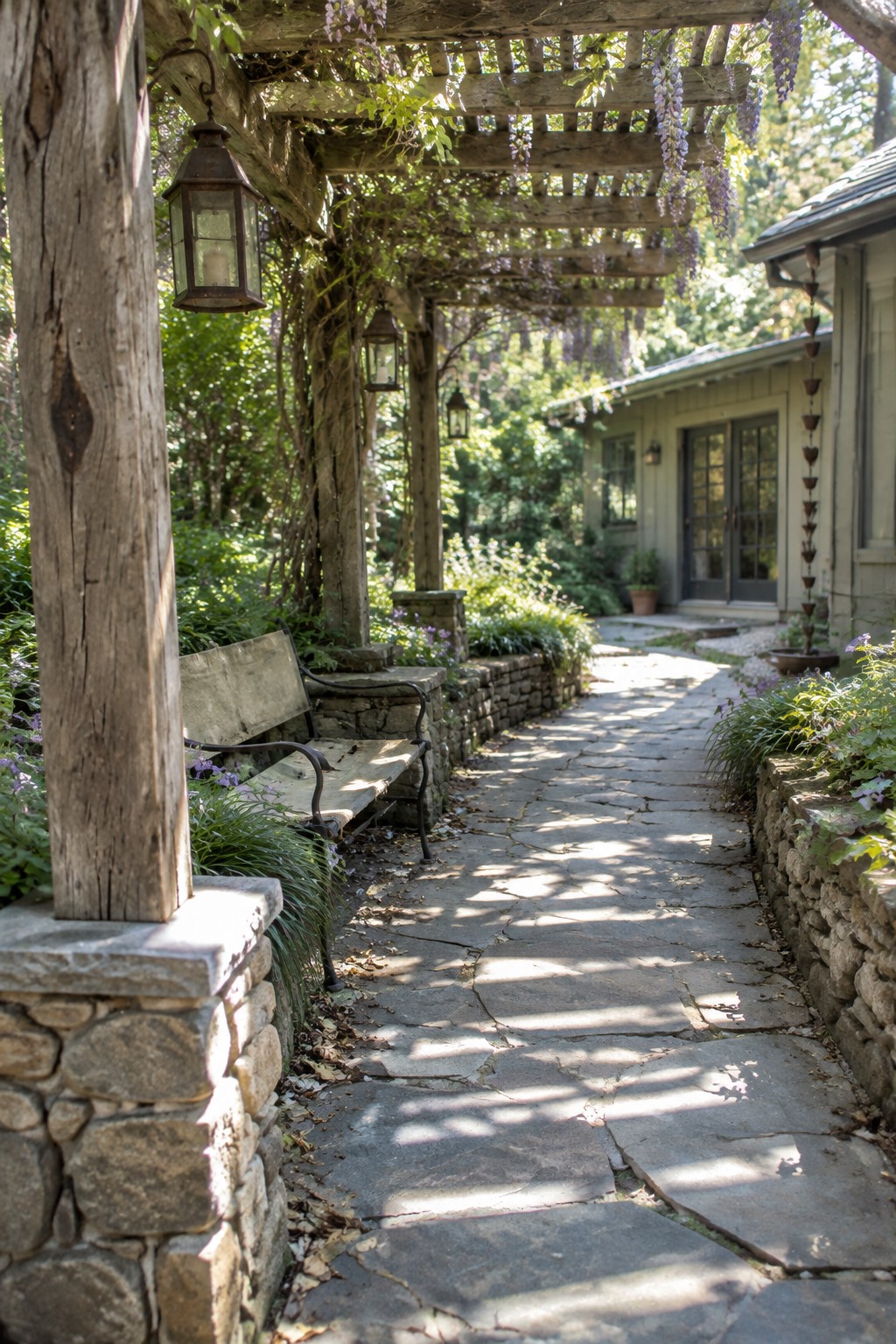 A stone pathway leads under a wooden pergola covered with hanging purple flowers, with stone walls on both sides, a wooden bench on the left, and lanterns hanging from the beams.