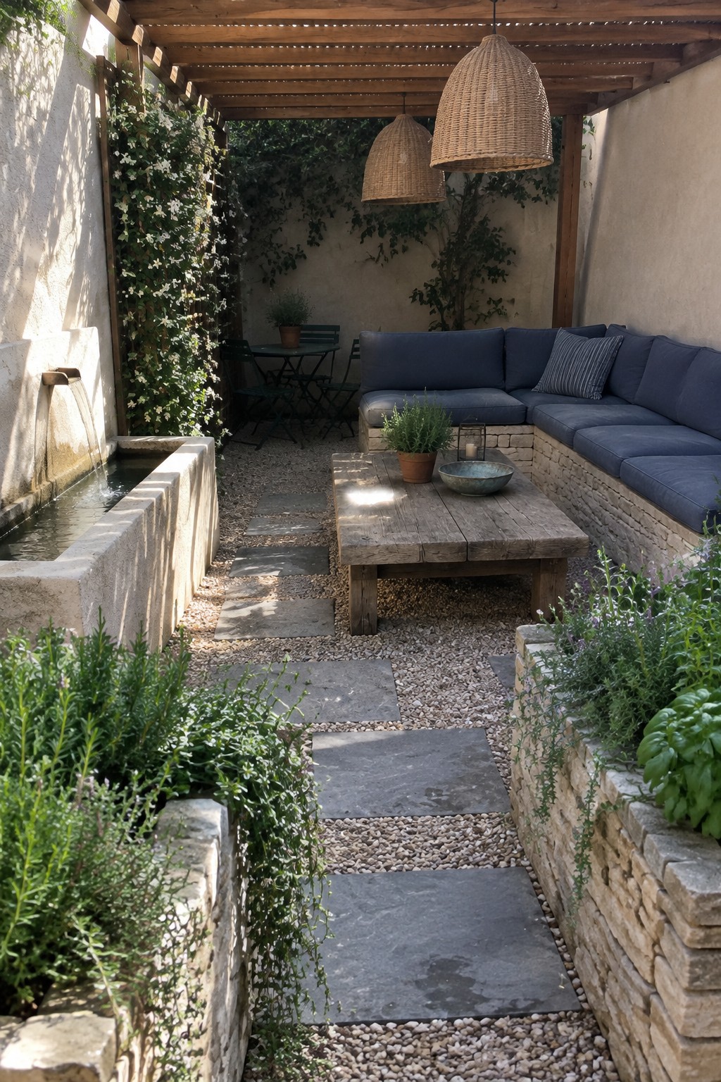 A wooden pergola shades a patio with blue cushioned seating on stone walls, a rustic wood table, gravel ground with stone stepping pavers, and a water feature along the left side.
