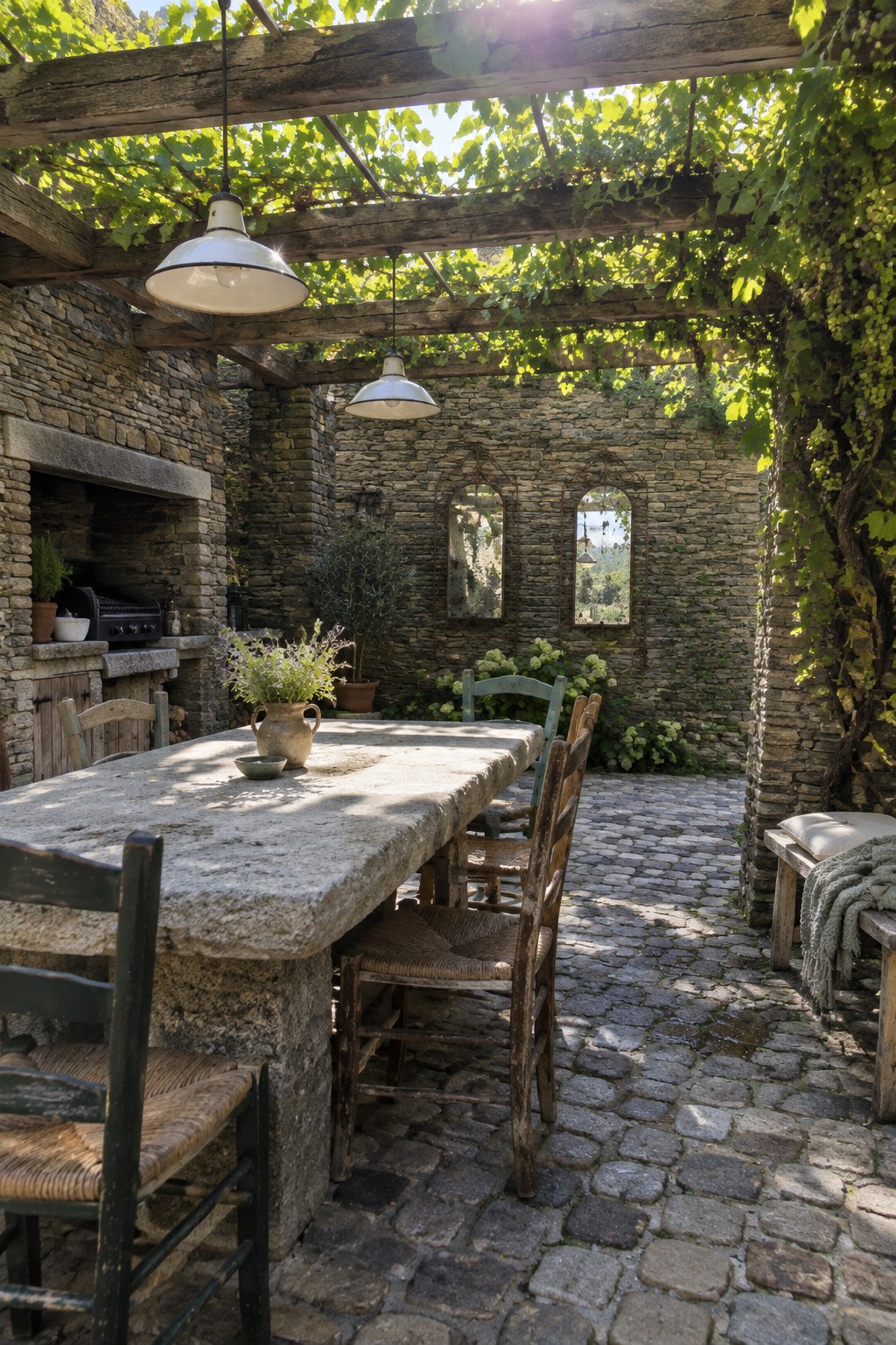 Rustic stone table with wooden chairs under vine-covered pergola in sunny courtyard
