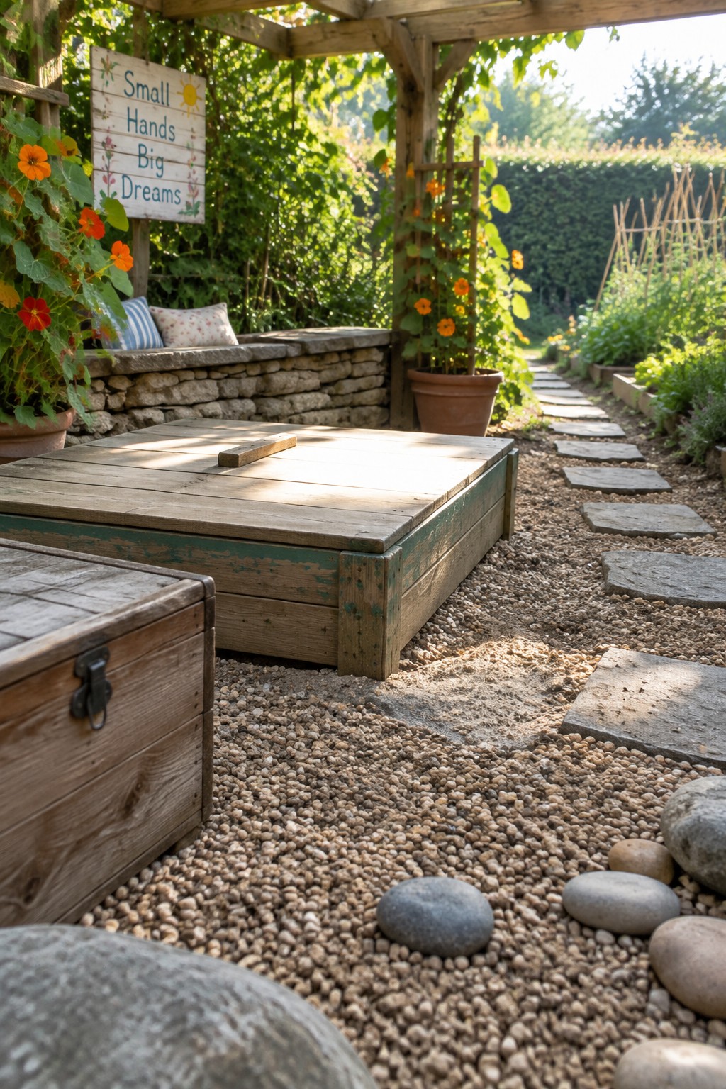 A rustic wooden pergola covering a stone bench with pillows, next to a gravel path made of stepping stones and surrounded by orange flowers and greenery.