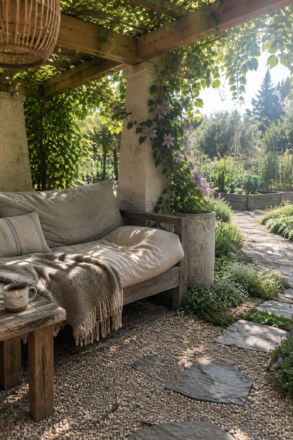 A rustic wooden pergola with stone pillars shelters a cushioned bench beside a gravel path with stepping stones in a garden.