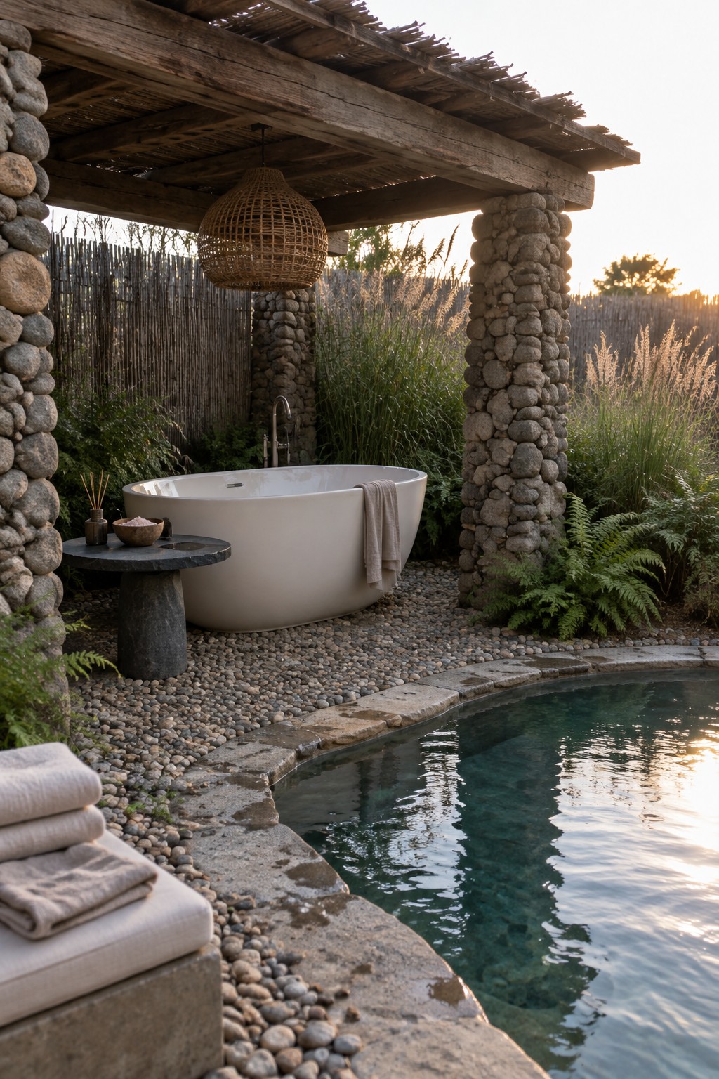 A white freestanding bathtub under a wooden pergola with stone columns sits beside a small pool on a gravel surface with ferns and tall grasses.