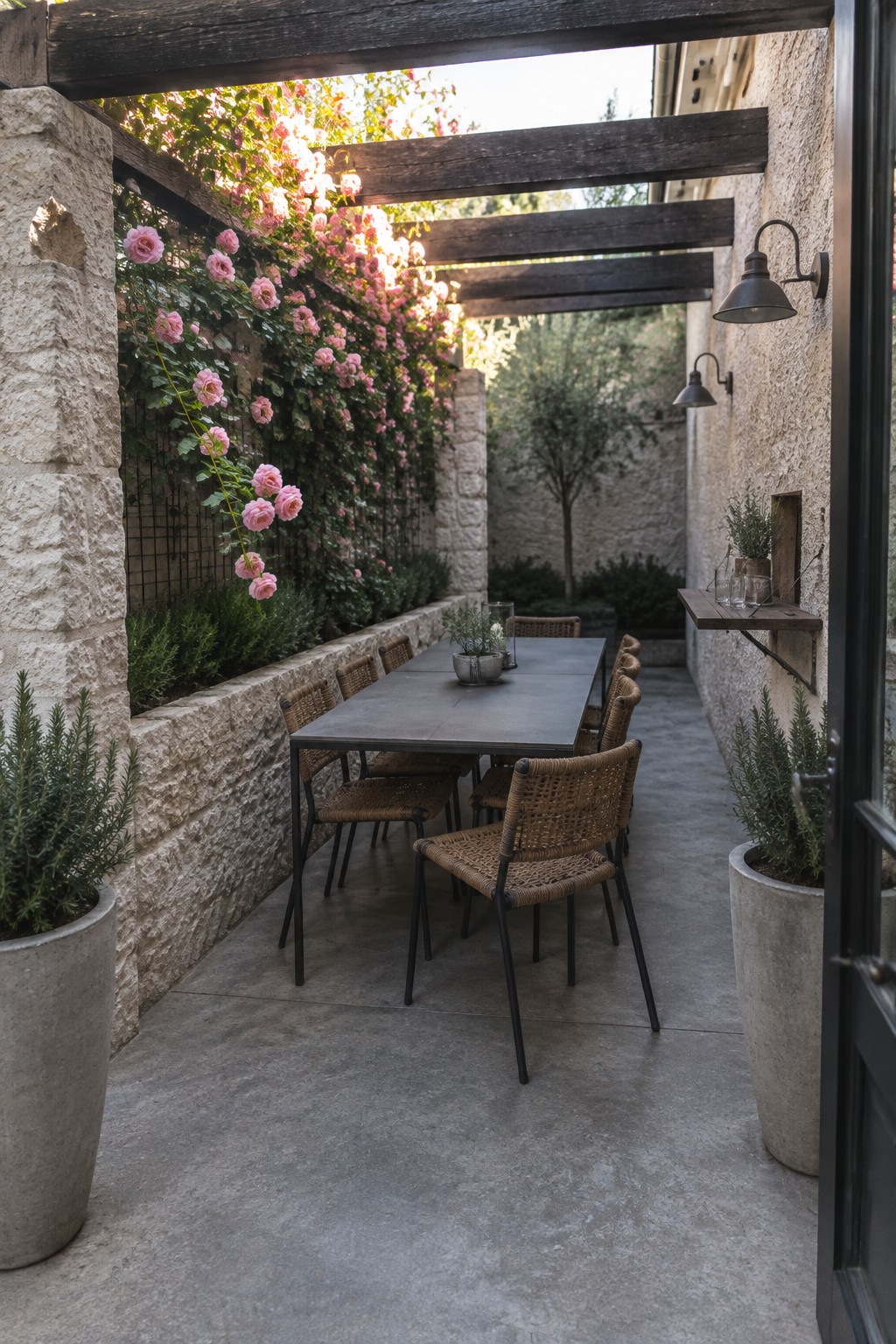 An outdoor dining table with woven chairs sits under a wooden pergola next to a tall stone wall covered in pink climbing roses, with wall lights and potted plants along the edges.