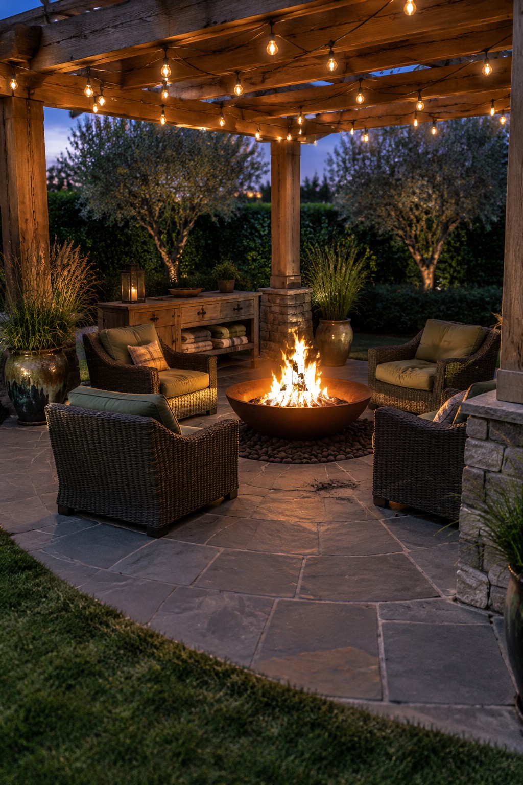 A wooden pergola with string lights rests on a stone pillar above a stone patio centered on a fire pit surrounded by wicker chairs.