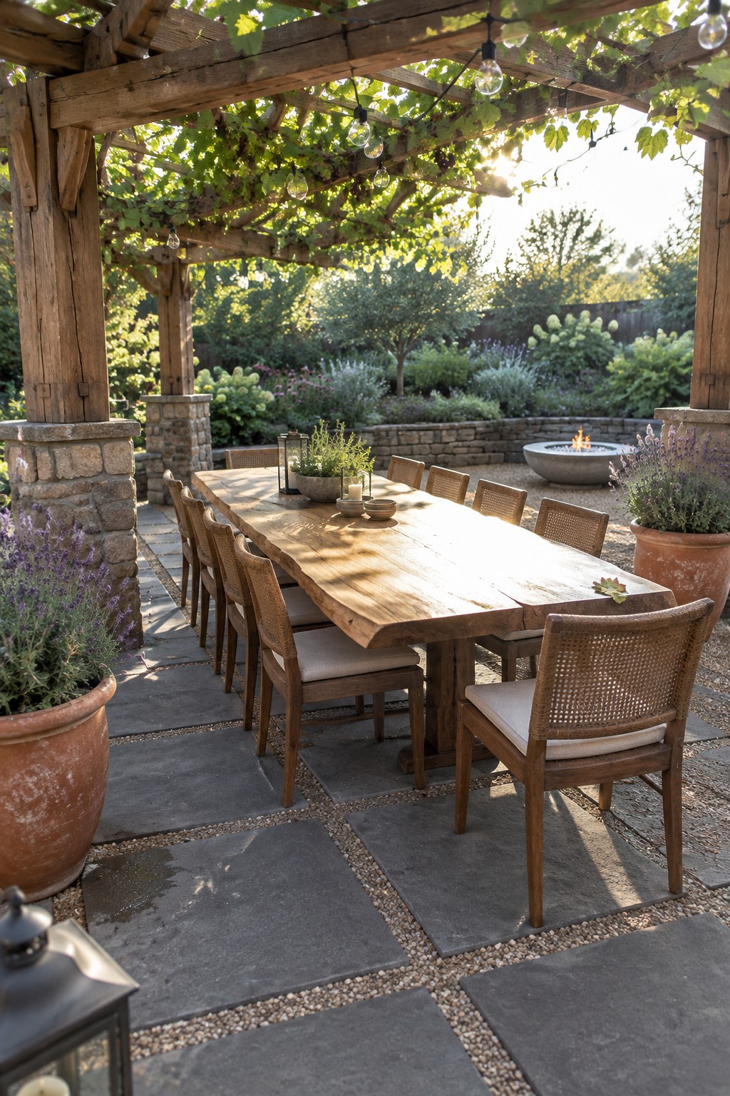 A long wooden dining table under a rustic pergola with thick timber beams resting on stone pillars, set on a stone patio with surrounding garden plants and a fire pit in the background.