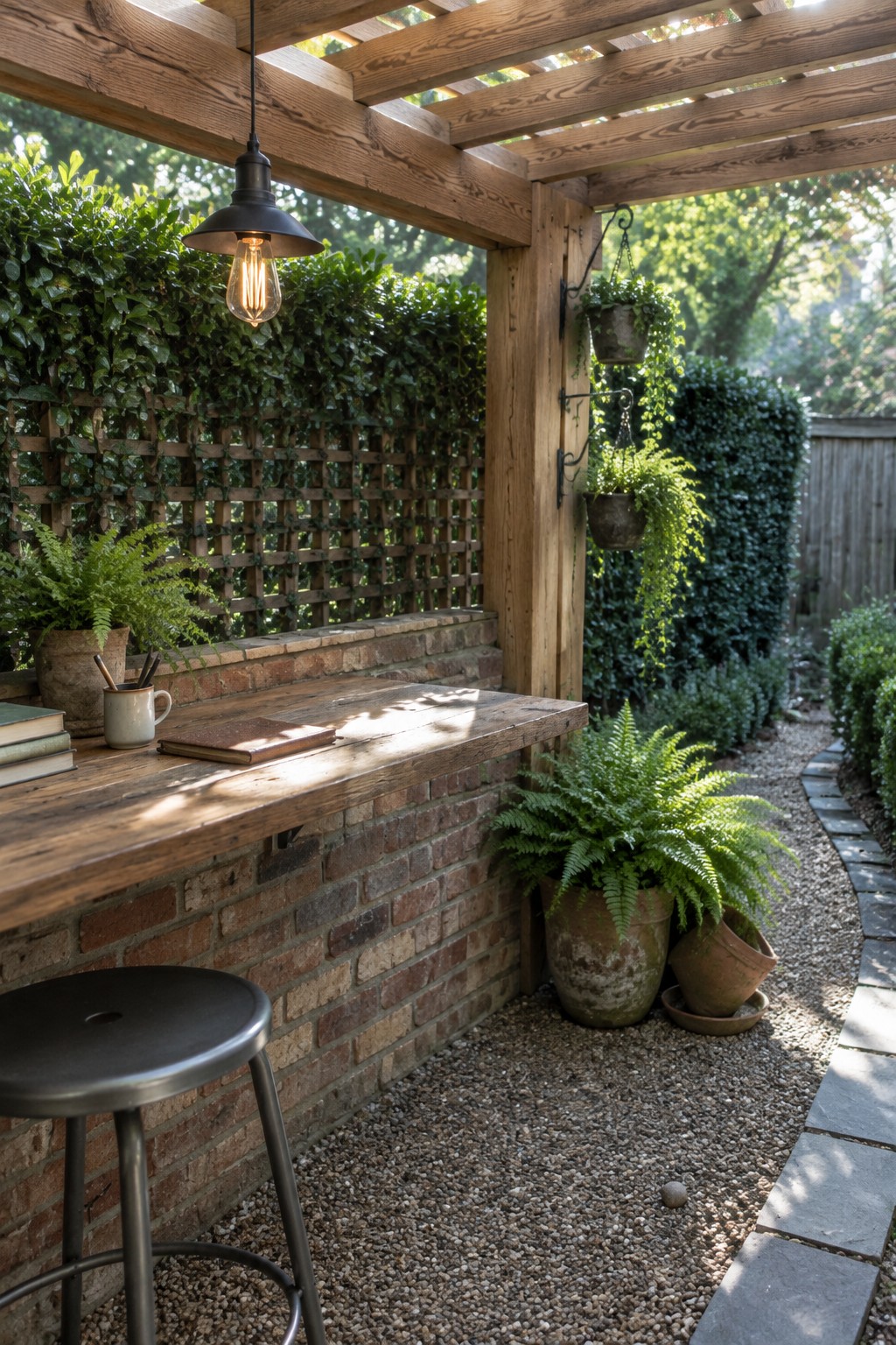 Wooden outdoor bar under pergola with hanging light, stool, books, and ferns
