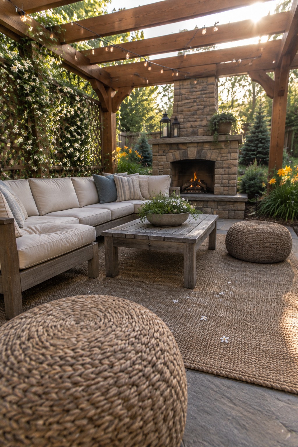 A wooden pergola shades a patio with sectional sofas, a wooden coffee table, woven ottomans, and a stone fireplace with a lit fire.