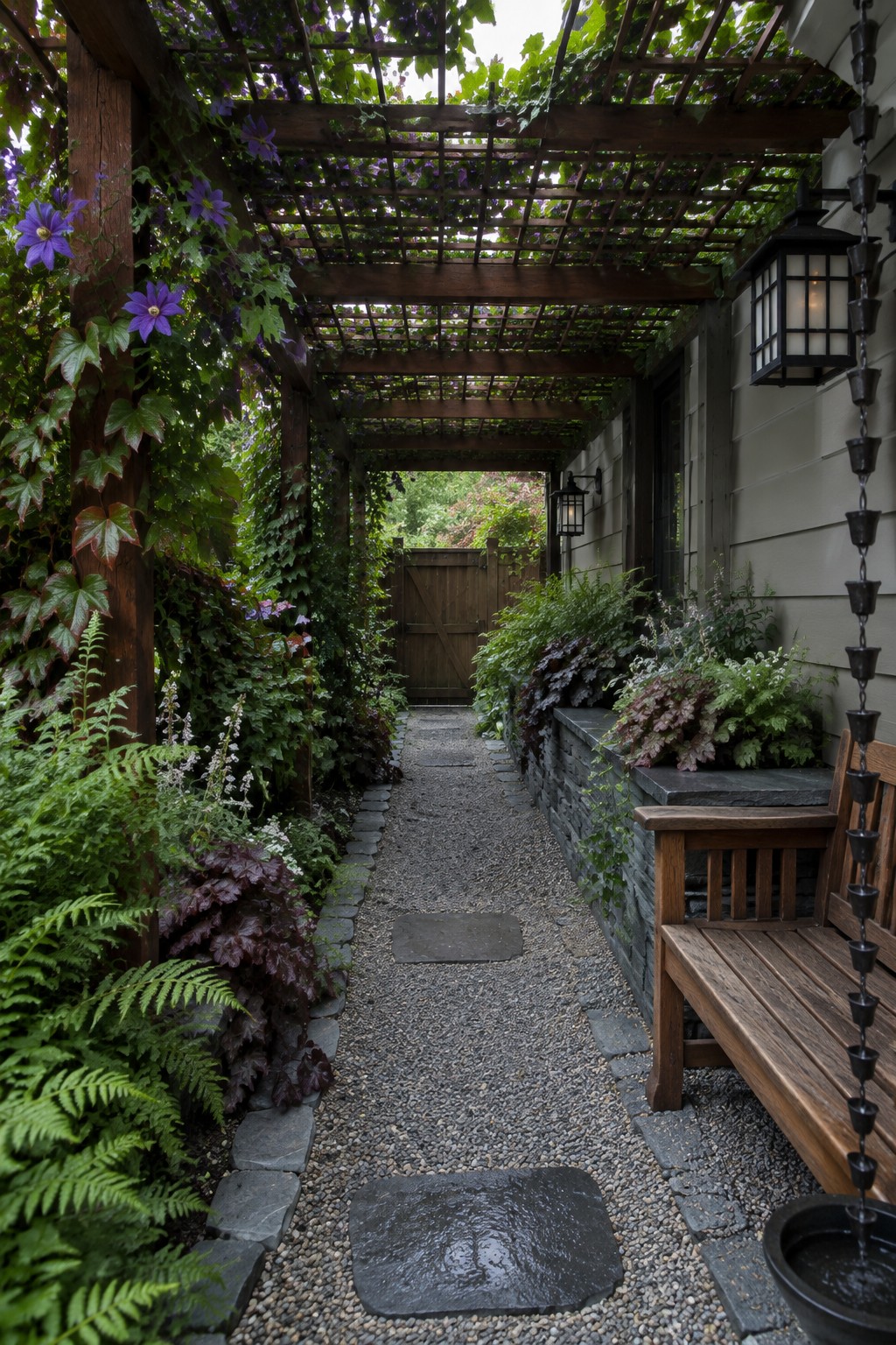 Shaded gravel path under vine-covered pergola with purple flowers and wooden bench