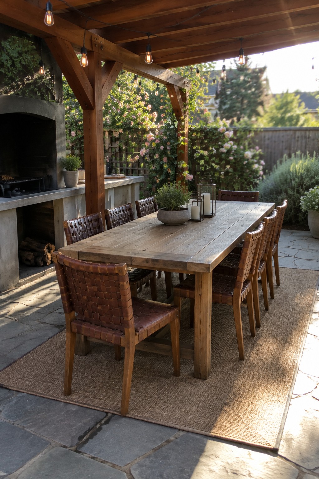 A wooden pergola covers a long rustic dining table with woven leather chairs on a stone patio next to an outdoor fireplace and garden.