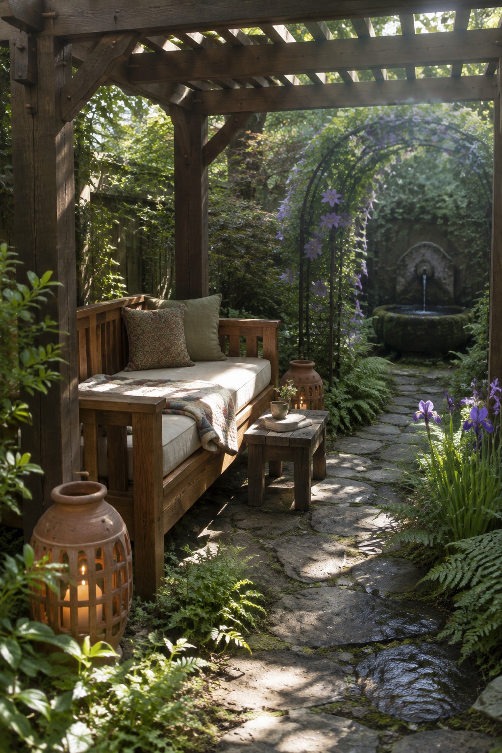 A wooden pergola shelters a cushioned wooden daybed beside a stone garden path, with a small side table and lanterns nearby.