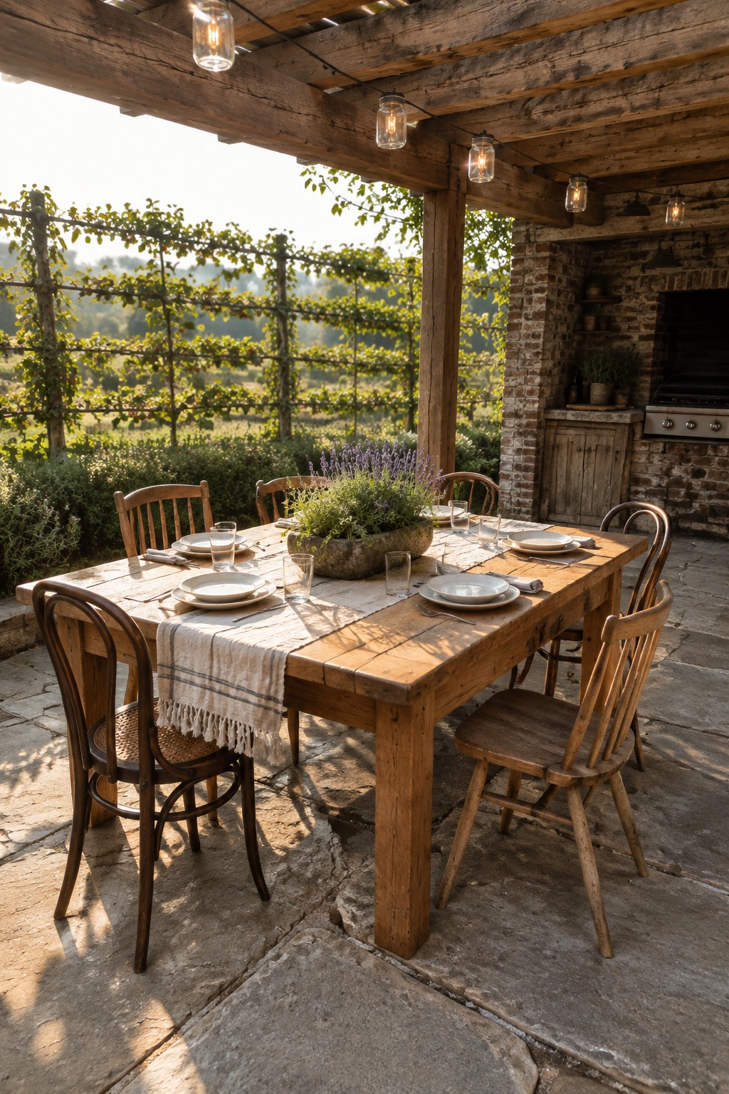 A long rustic wooden dining table set with plates and glasses sits under a wooden pergola with string lights on a stone patio, with vineyard views in the background.