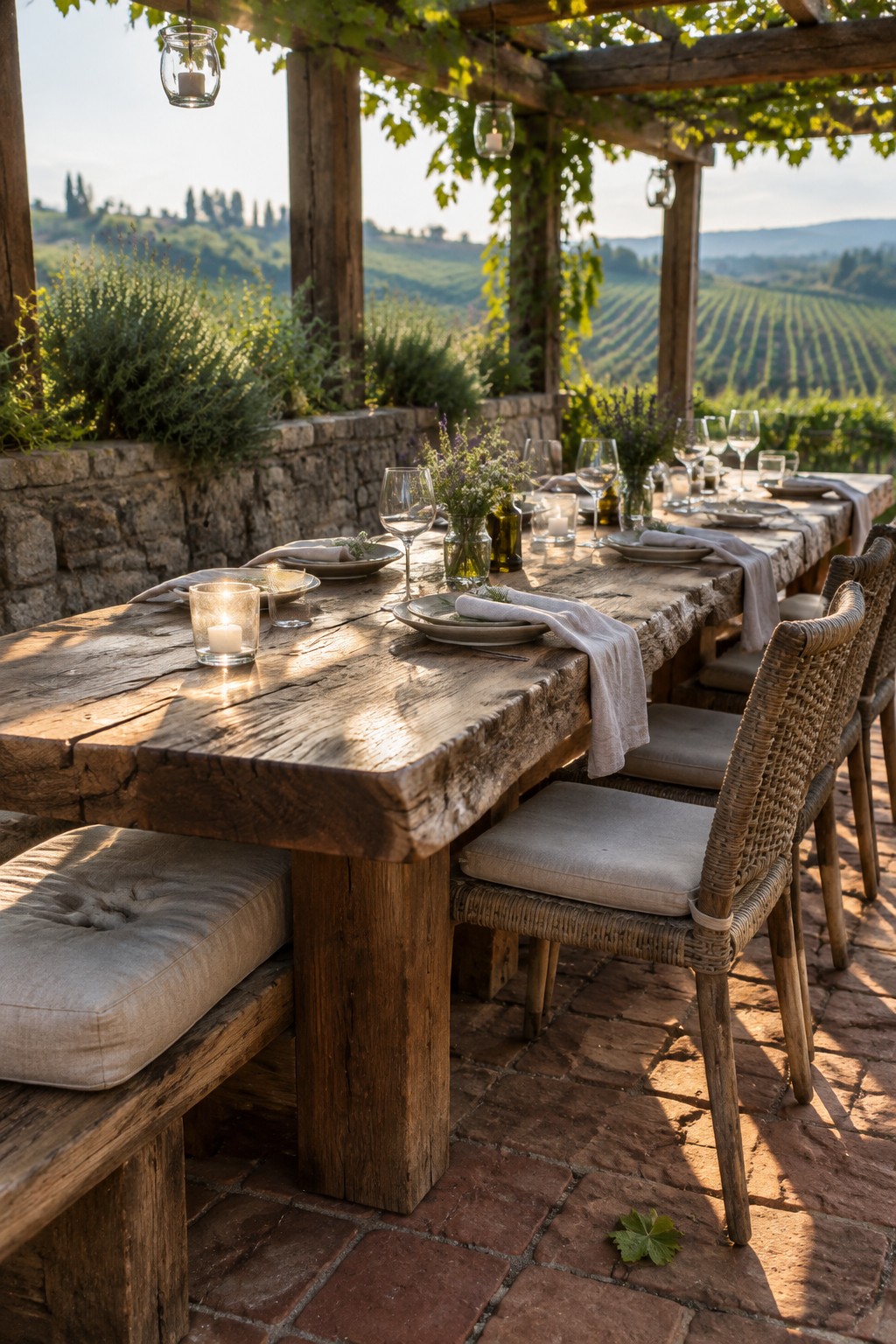 A rustic wooden dining table with woven chairs and a bench is set under a wooden pergola on a brick patio, with stone walls and a vineyard view in the background.