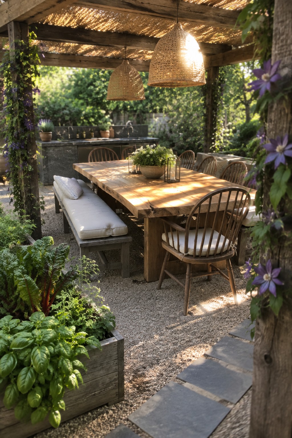 A wooden pergola shades a long outdoor dining table with a bench and wooden chairs on a gravel patio, next to raised garden beds and an outdoor kitchen counter.
