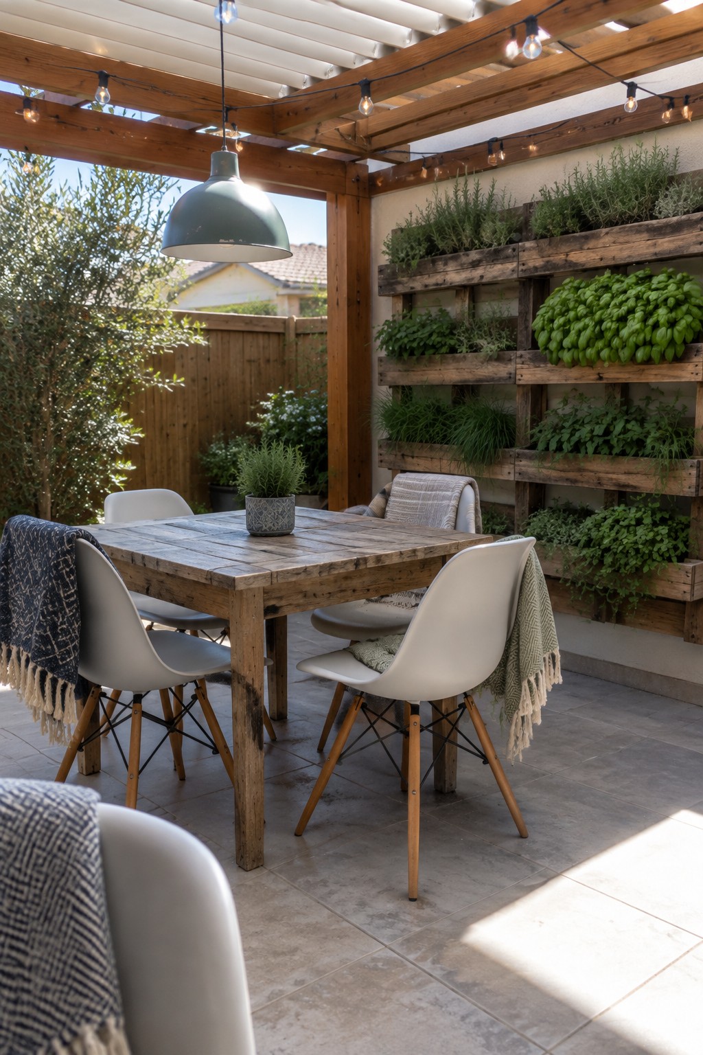 Outdoor wooden dining table with white chairs, hanging lamp, and vertical herb garden