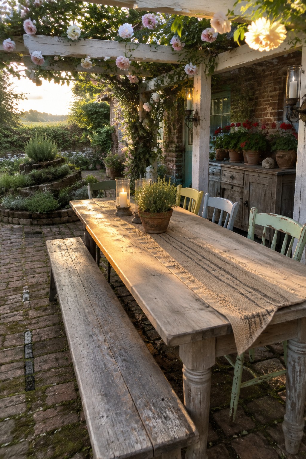 A weathered wooden pergola covered in climbing roses shelters a long rustic dining table with a bench and mismatched chairs on a brick patio beside an old brick building.