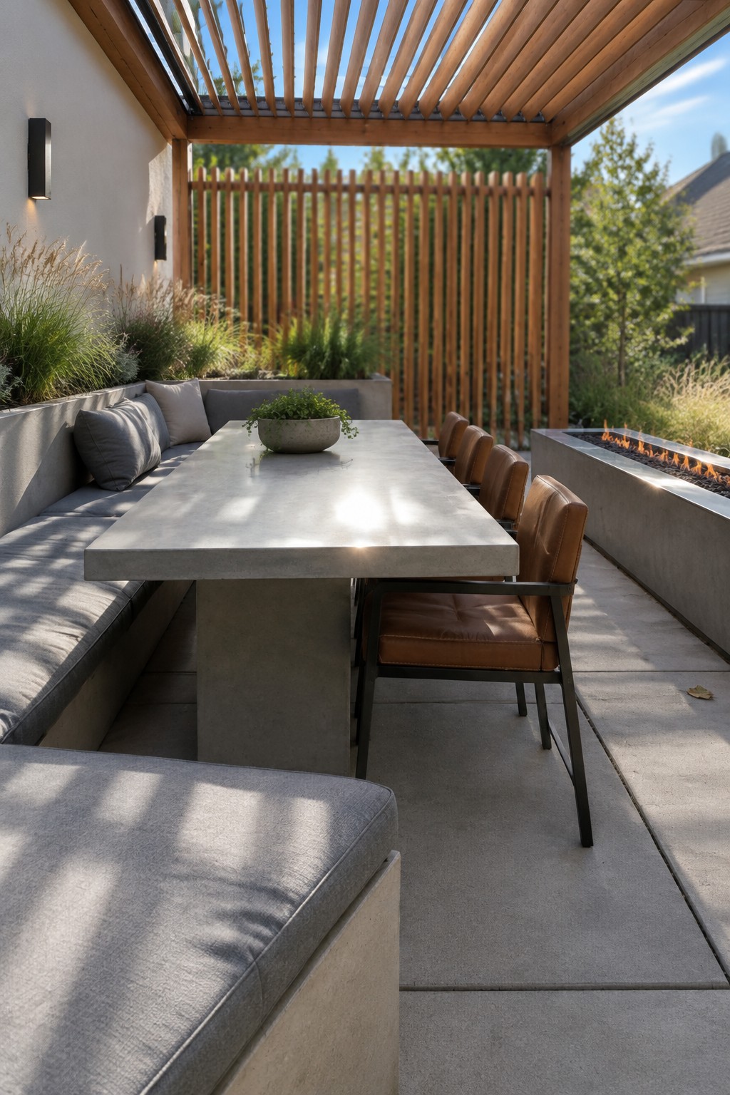 An outdoor dining area under a wooden slatted pergola with a long concrete table, built-in bench seating with gray cushions, brown leather chairs, and a linear fire pit along one side.