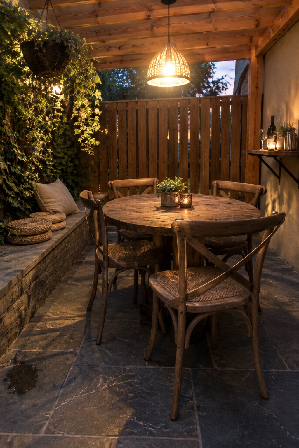 Round wooden table with woven chairs on stone patio under glowing hanging lamp at dusk