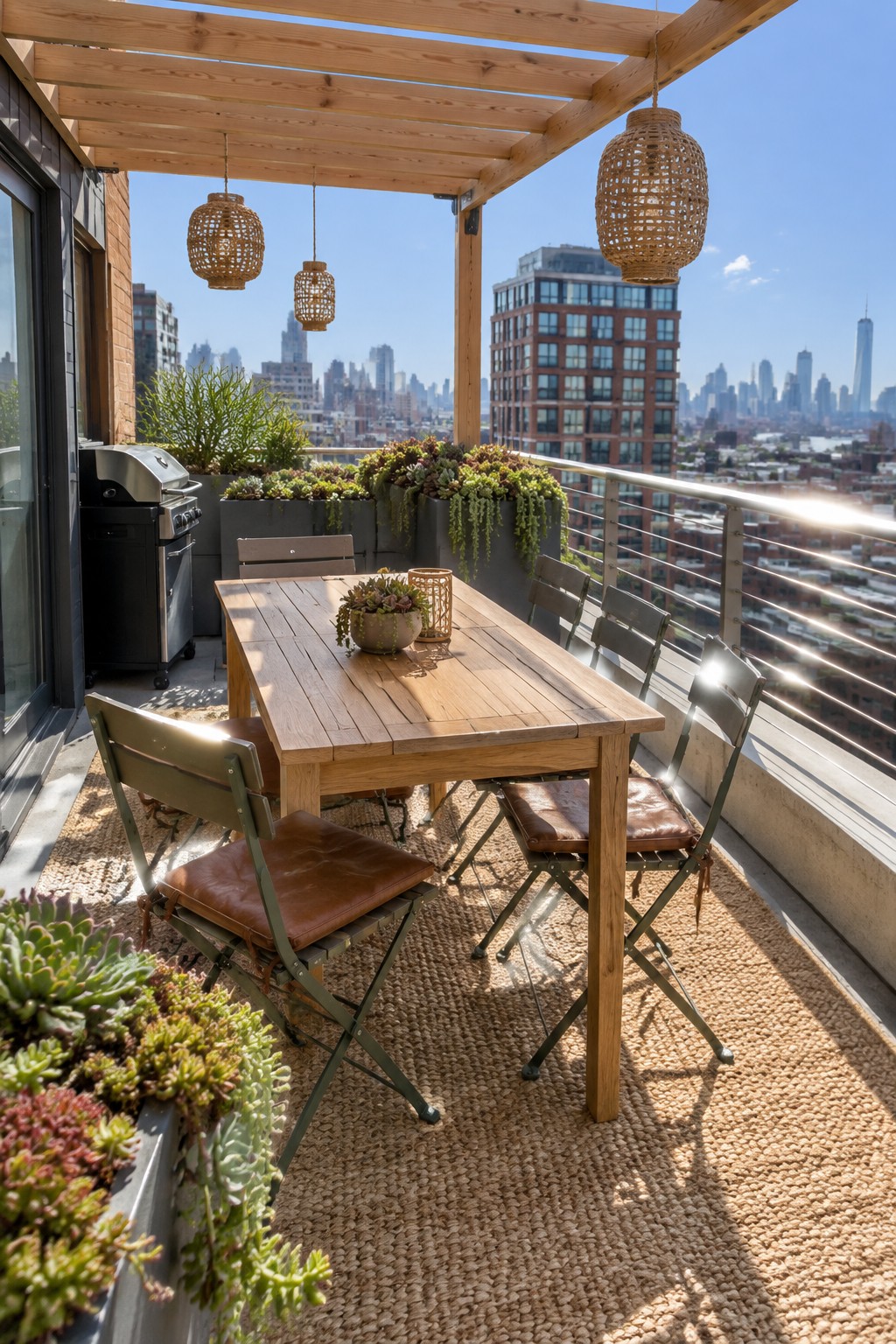 A wooden pergola shades a rectangular dining table with folding chairs on a city balcony, surrounded by planters and overlooking buildings.