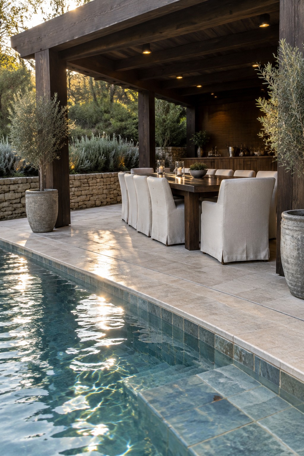 A long wooden dining table with white upholstered chairs sits under a dark wooden pergola on a stone patio directly beside a swimming pool.
