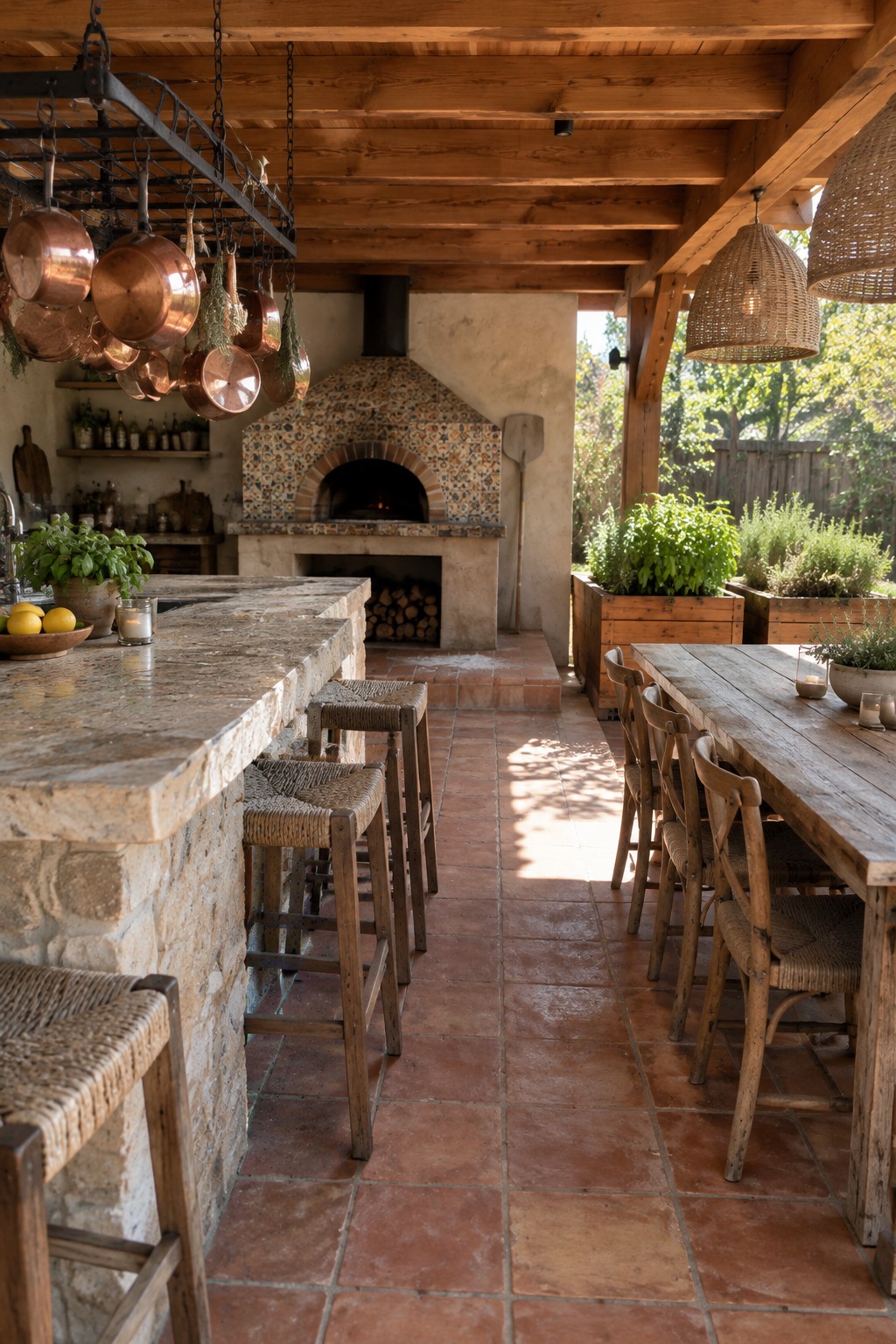An outdoor patio with a stone kitchen counter on the left, a long wooden dining table on the right, and a tiled fireplace in the back, all under exposed wooden ceiling beams.