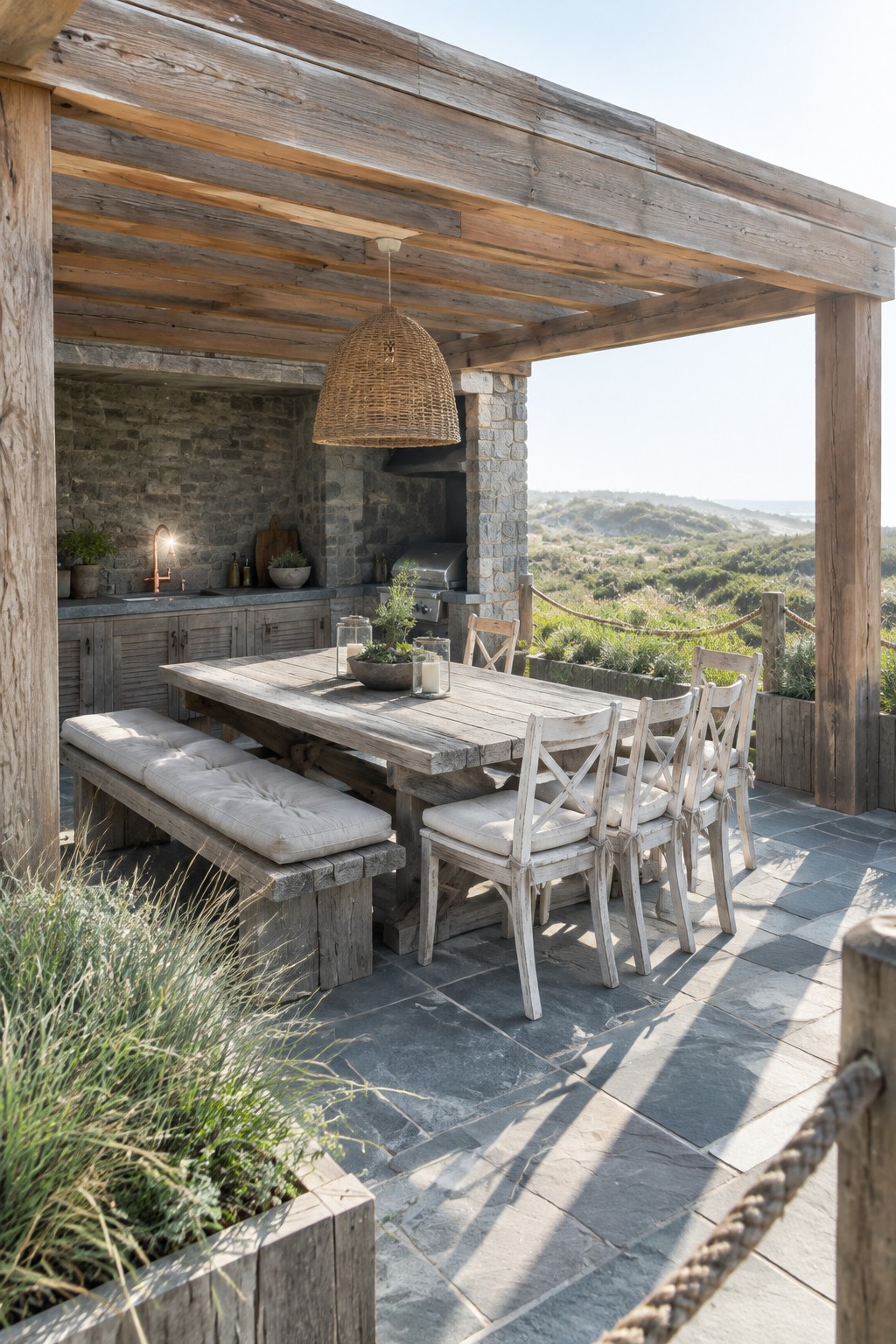 An outdoor patio under a wooden pergola with a long rustic dining table, white wooden chairs with cushions, a bench, and a stone outdoor kitchen overlooking coastal dunes.