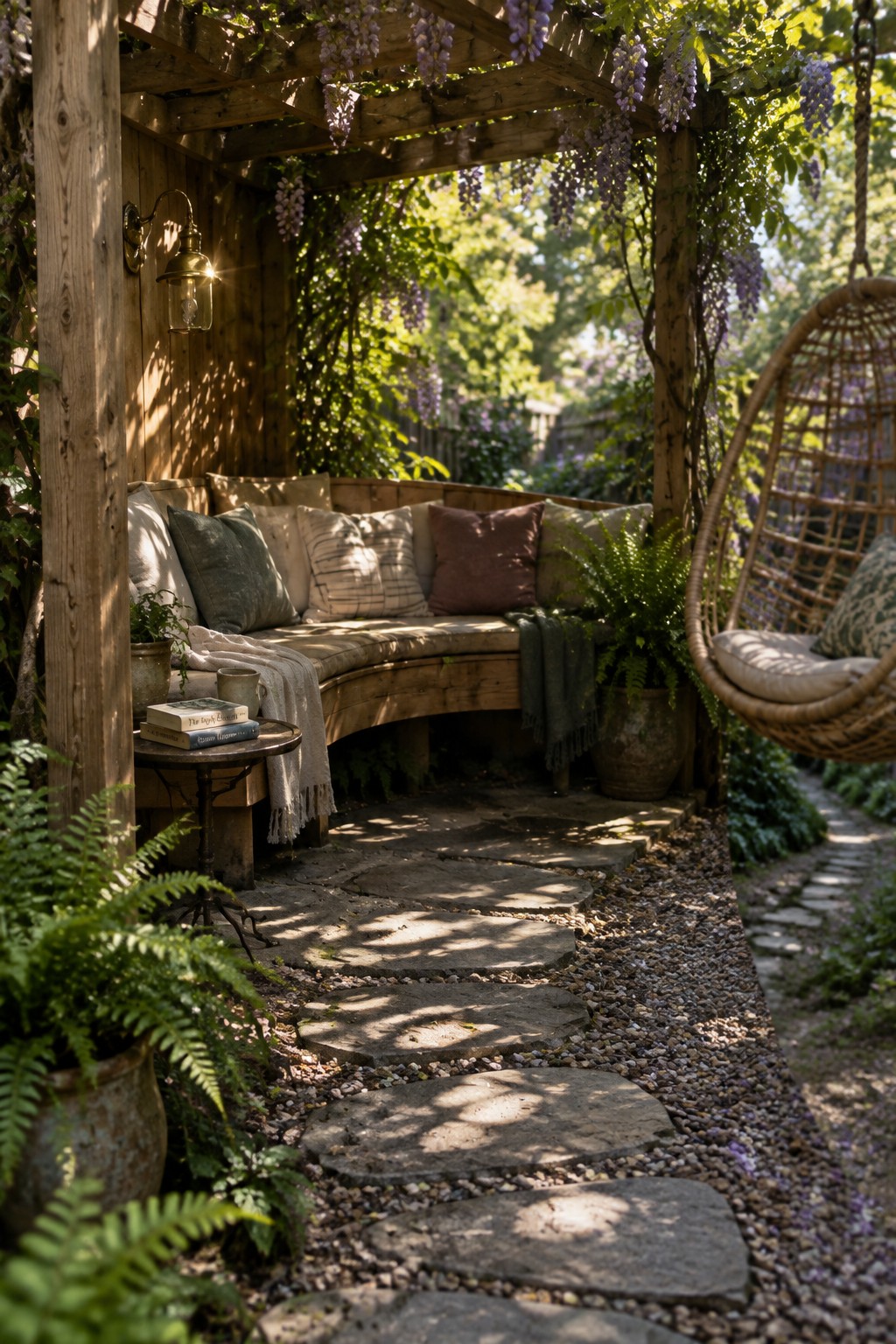 A cedar pergola with integrated curved wooden bench, hanging wicker chair, stone path, and potted ferns under hanging wisteria.
