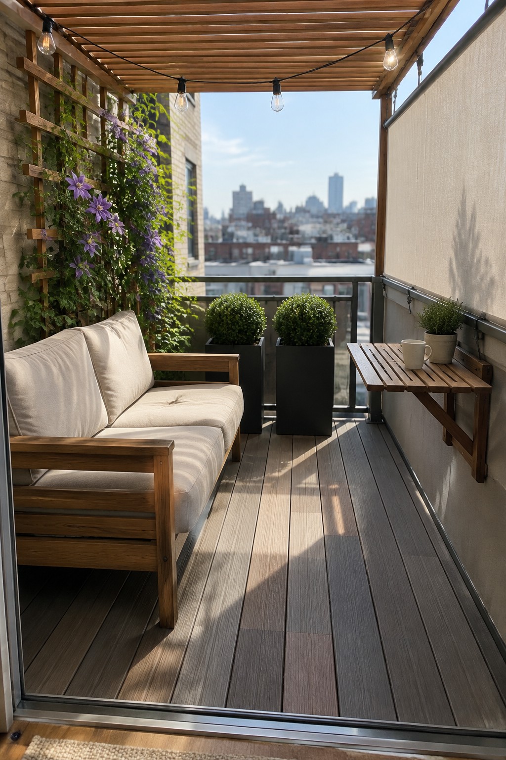 A balcony with wooden decking, a light-colored sofa under a slatted cedar pergola with string lights, potted shrubs, and a folding table, overlooking a city skyline.