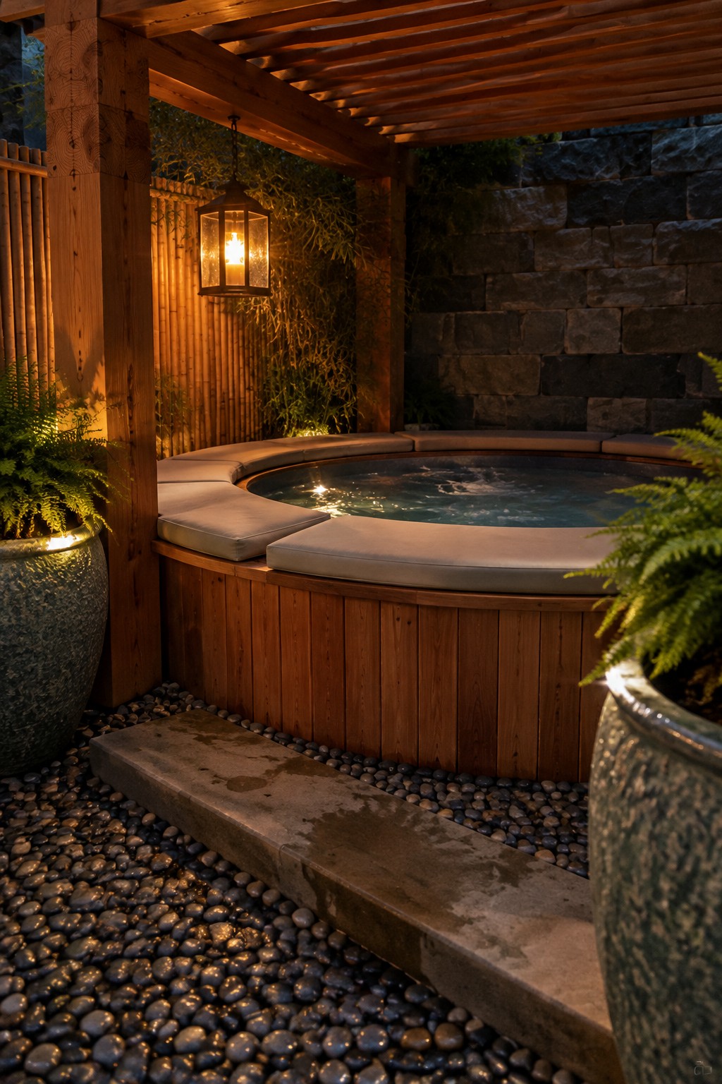 An outdoor hot tub with gray cushions sits under a wooden cedar pergola at night, with potted ferns on either side and a hanging lantern overhead.