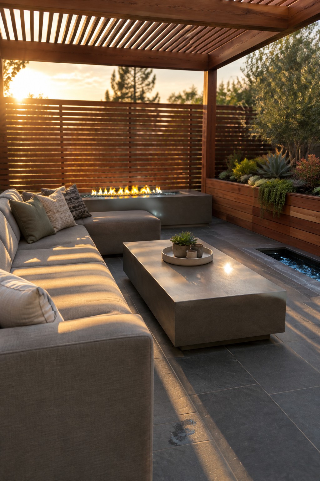 An outdoor patio under a cedar pergola with a gray sectional sofa, concrete coffee table, built-in fire pit, and surrounding plants at sunset.