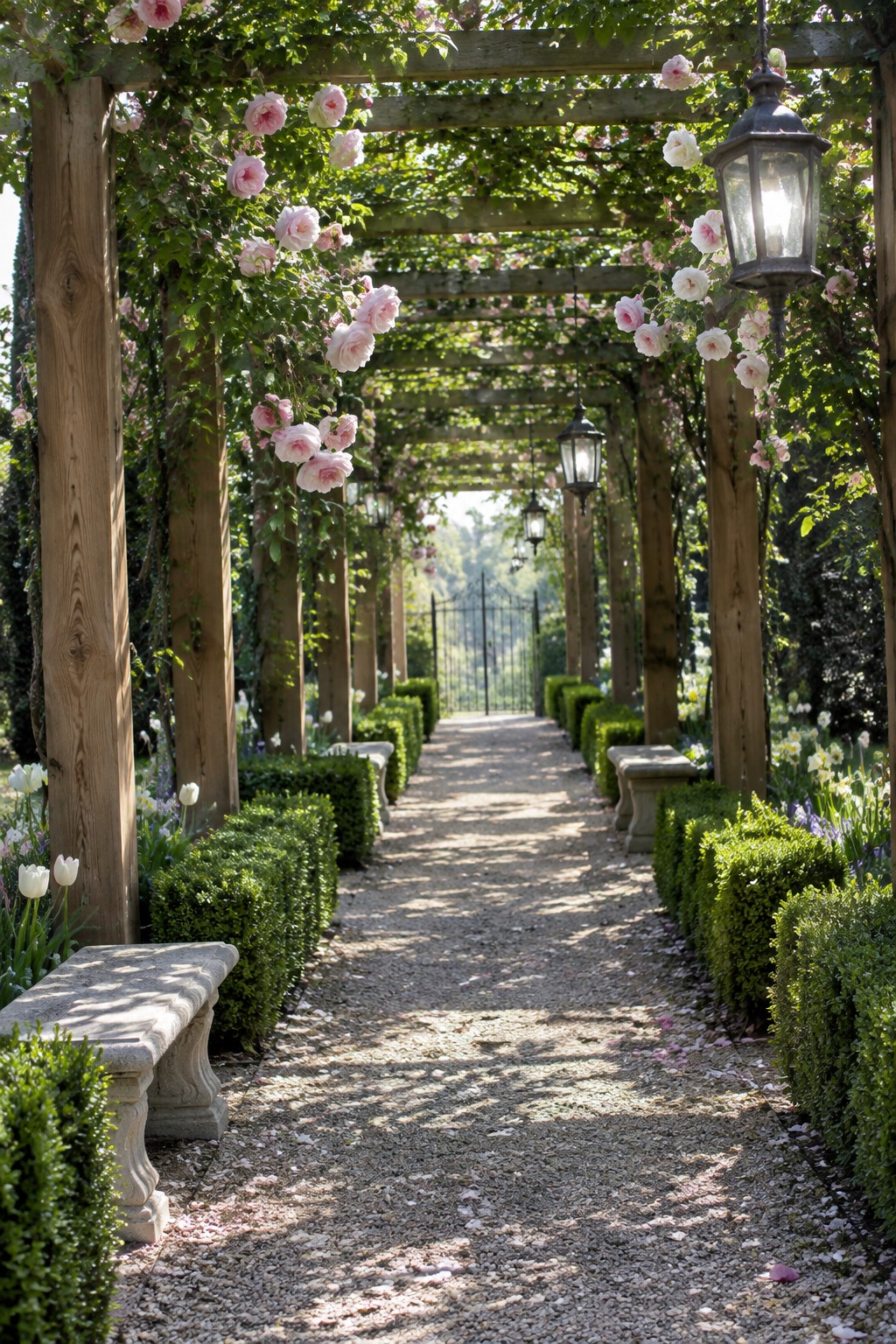 A long cedar pergola covered with pink and white climbing roses spans a gravel garden path lined with stone benches and hanging lanterns.