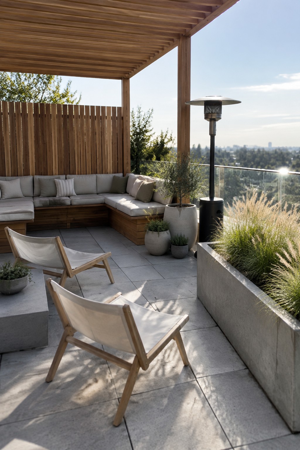 A rooftop patio with a wooden pergola overhead, built-in bench seating with cushions, two canvas sling chairs, potted plants, and a tall patio heater overlooking trees and a distant city skyline.