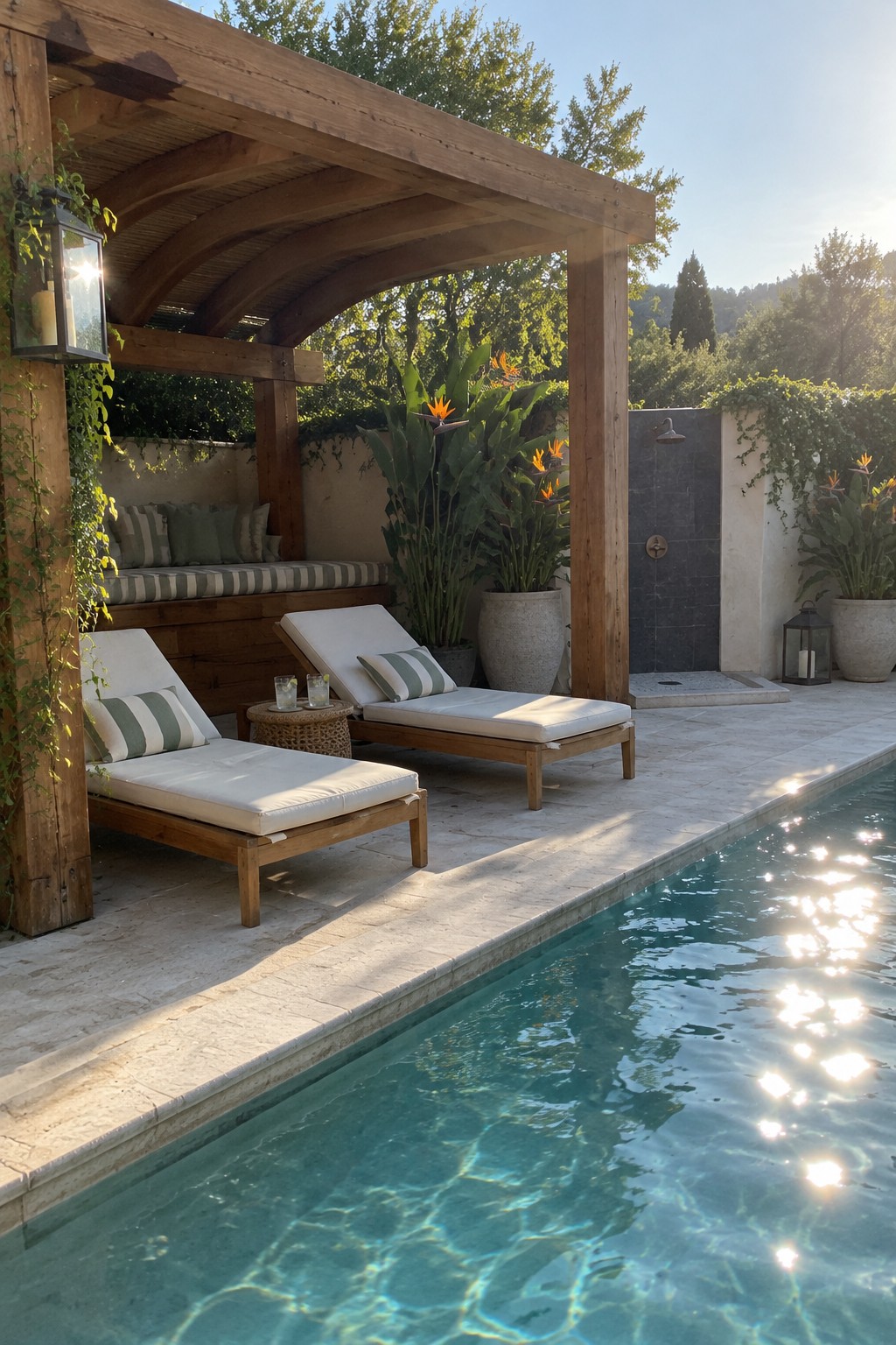A wooden pergola shades two lounge chairs beside a swimming pool, with an outdoor shower visible in the background.