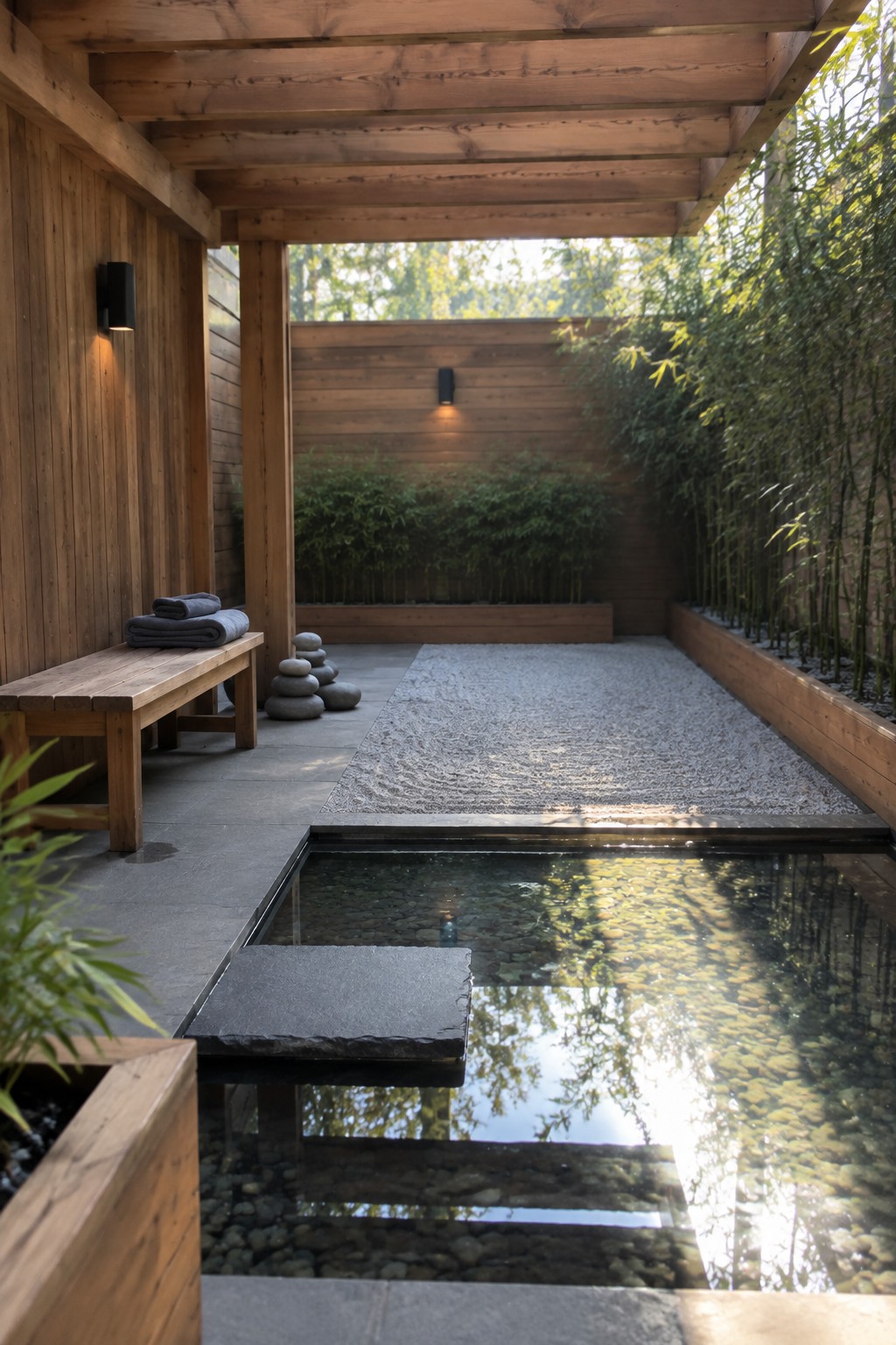 A cedar pergola with exposed wood beams covers a stone patio beside a rectangular reflecting pool, with a wooden bench and stacked stones on the left and tall bamboo along the right wall.